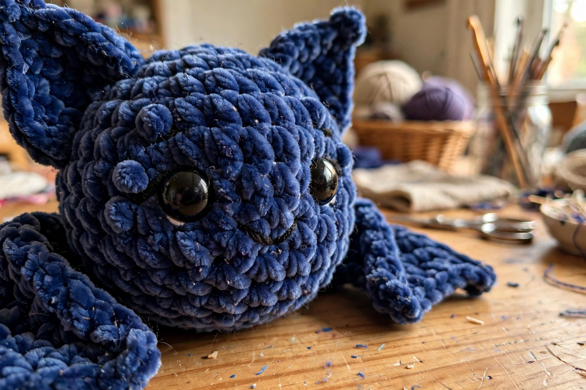 Close-up of the blueberry bat's bobble stitch face with safety eyes and embroidered smile
