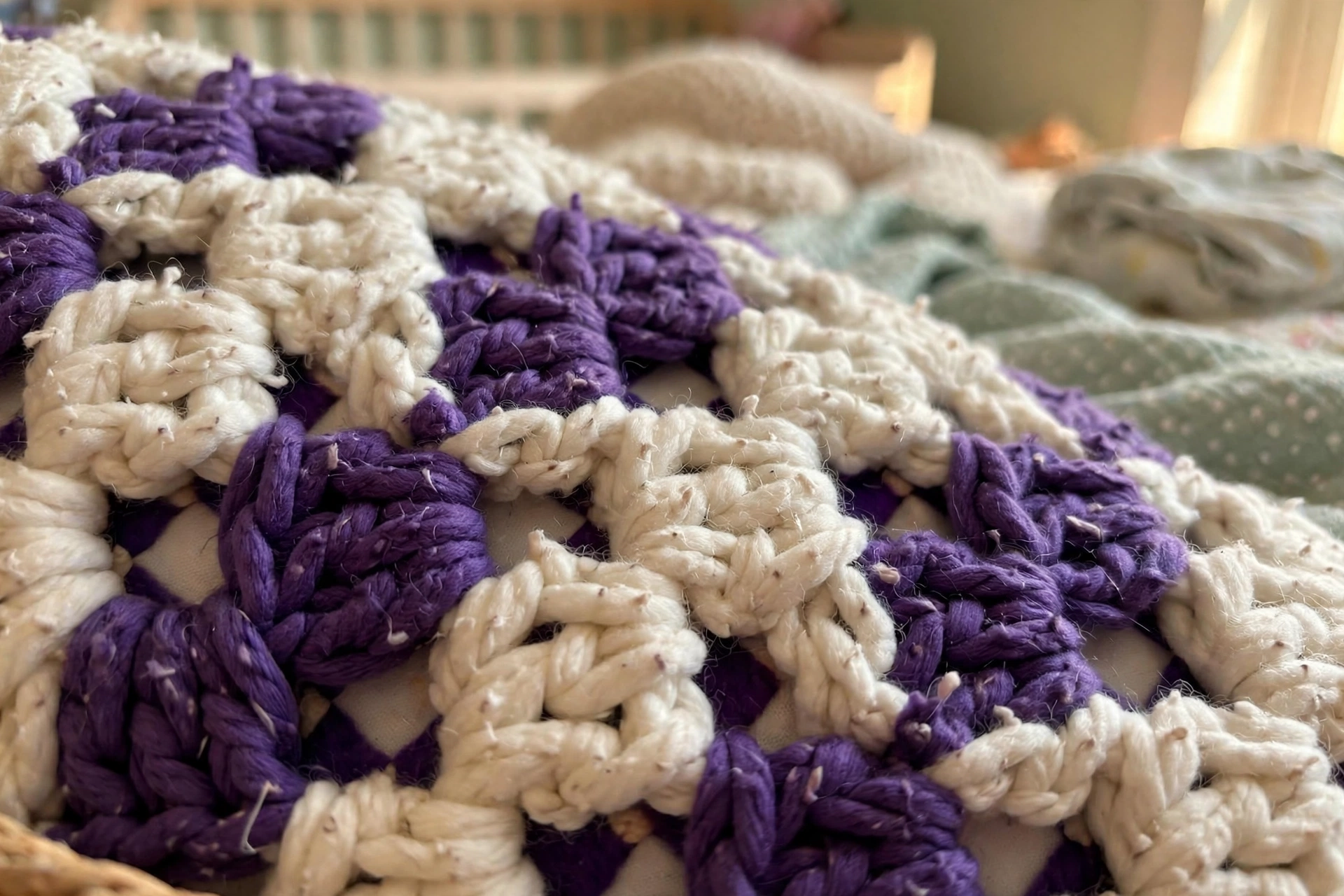Close-up of the plump checkerboard stitch texture in cream and deep violet