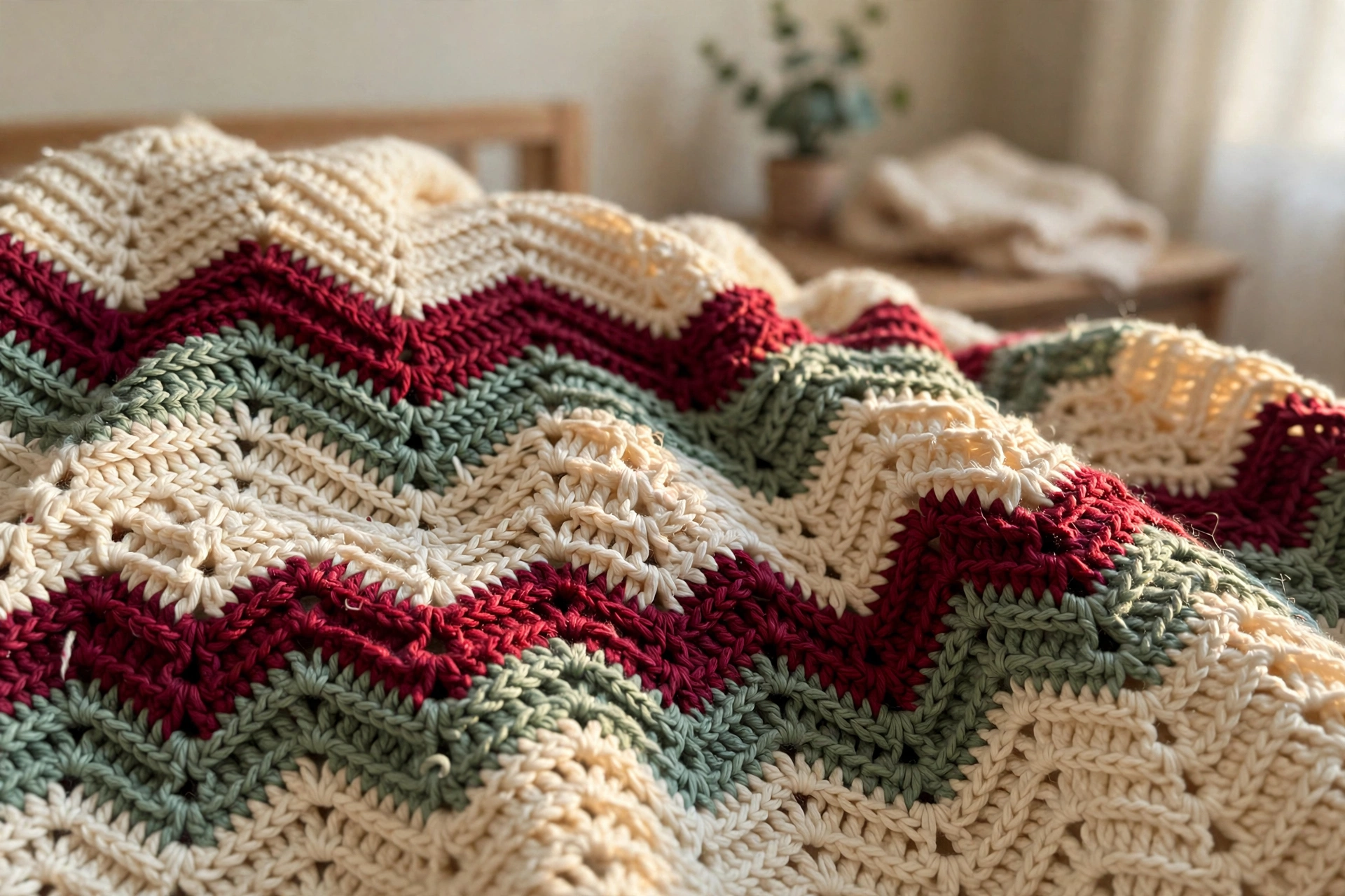 Close-up of the chevron granny stitch texture in cream, cranberry red, and sage green