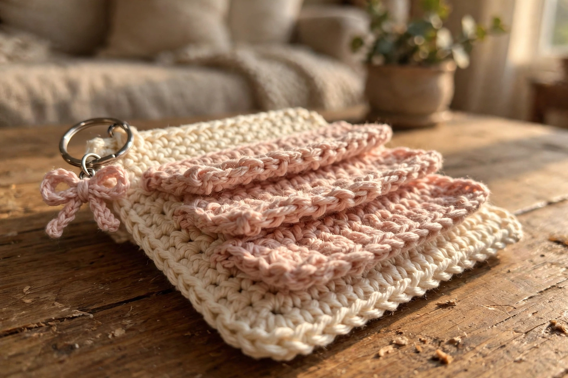 Close-up of the layered blush pockets and bow charm on the cream crochet card holder