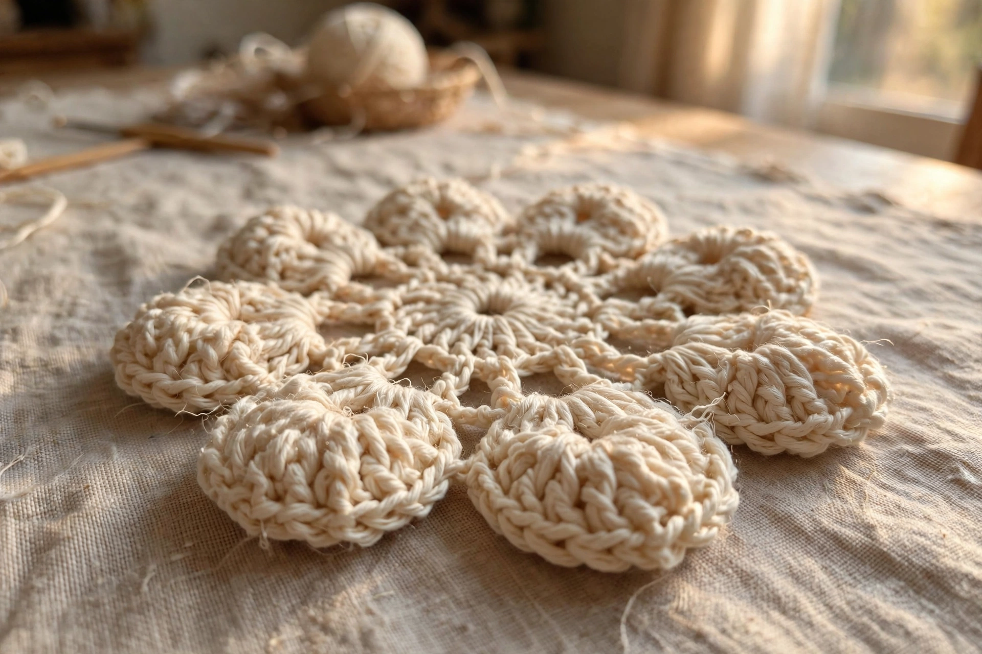 Close-up of the cream crochet flower motif petals and chain-space lacework