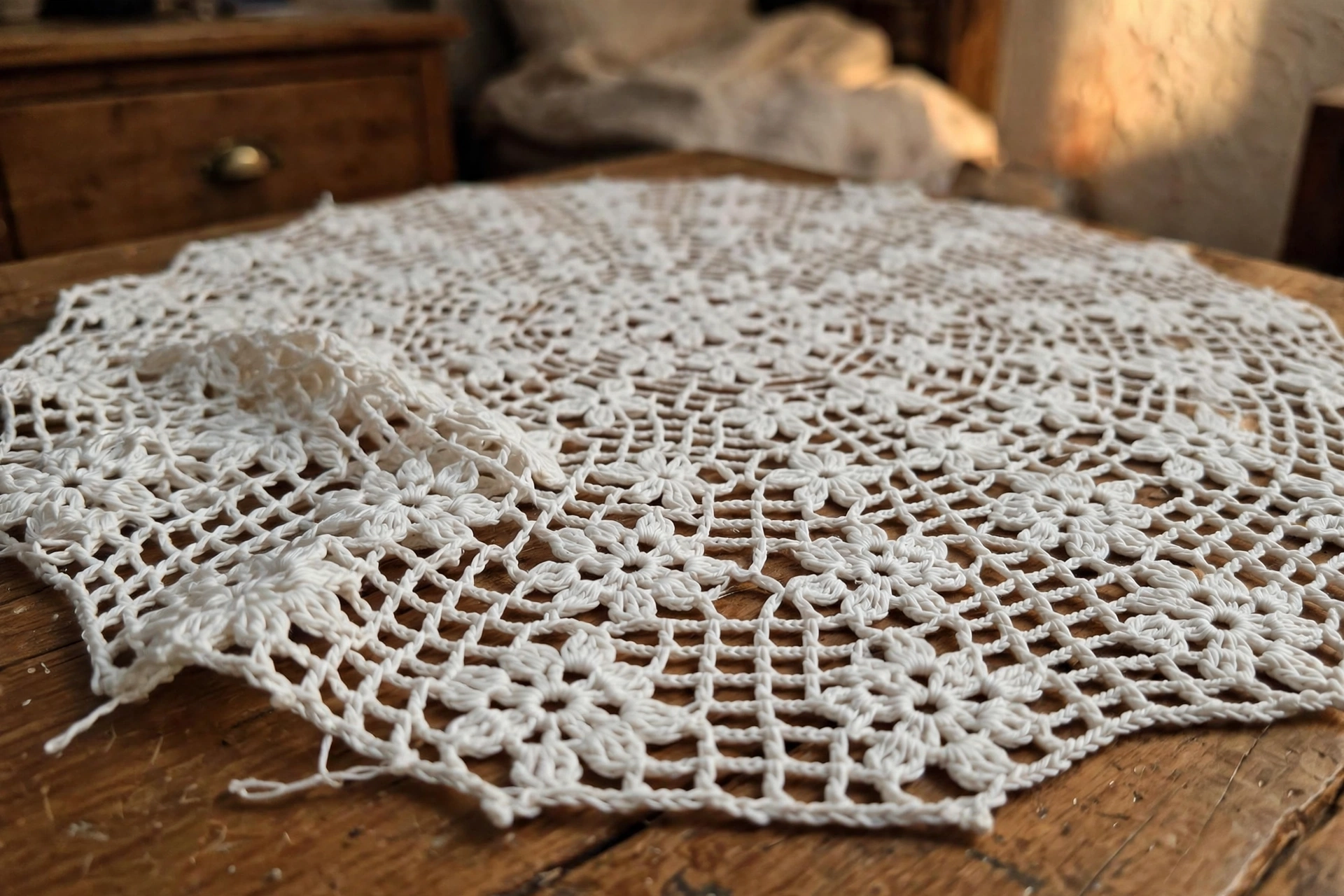 Close-up of the floral motifs and grid mesh panels of a white crochet lace doily
