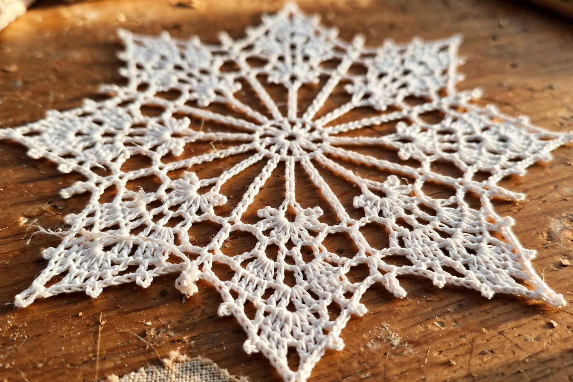 Close-up of the radiating spokes and lace petals of a white crochet snowflake doily