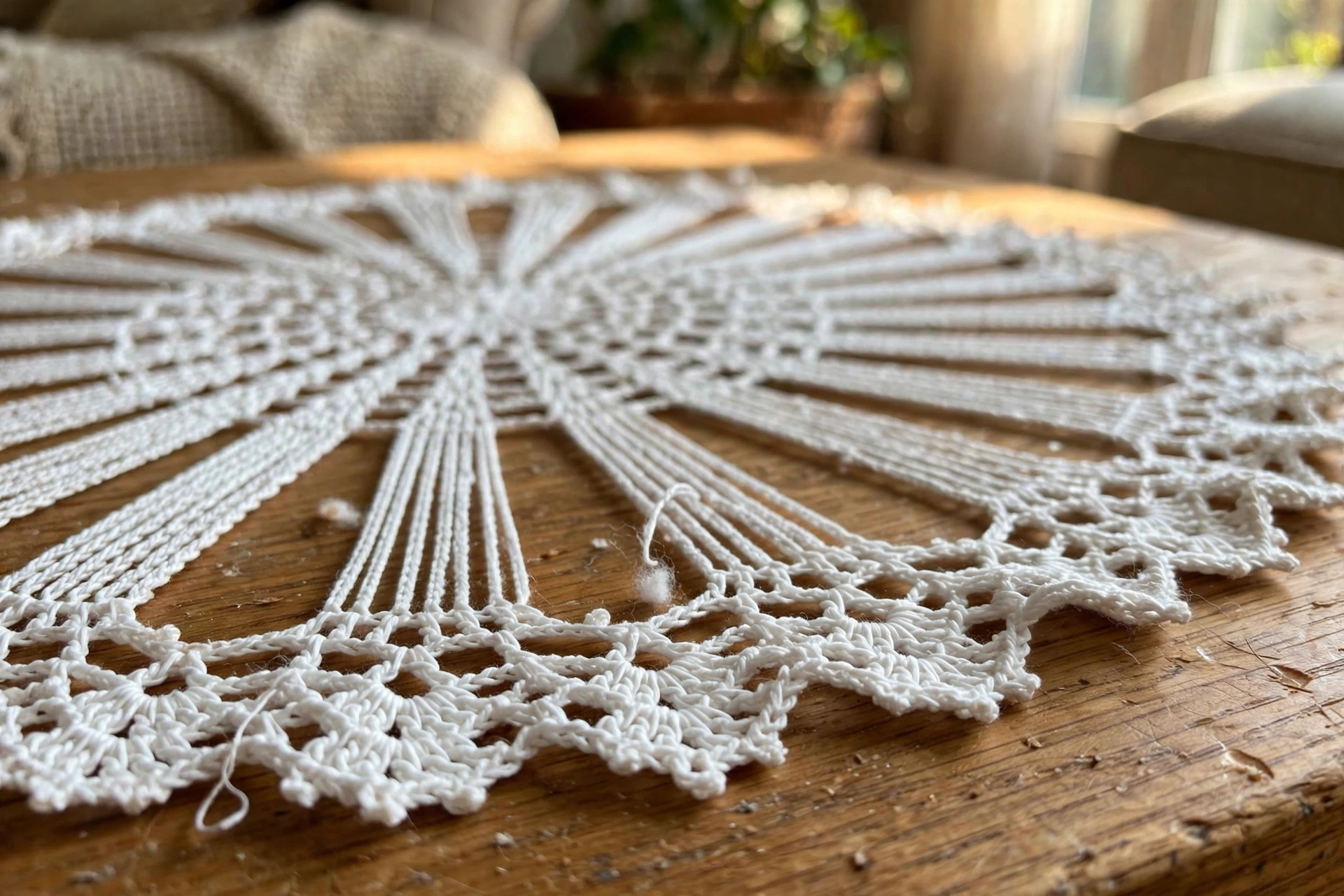 Close-up of the radiating spokes and scalloped border of a white crochet thread table motif