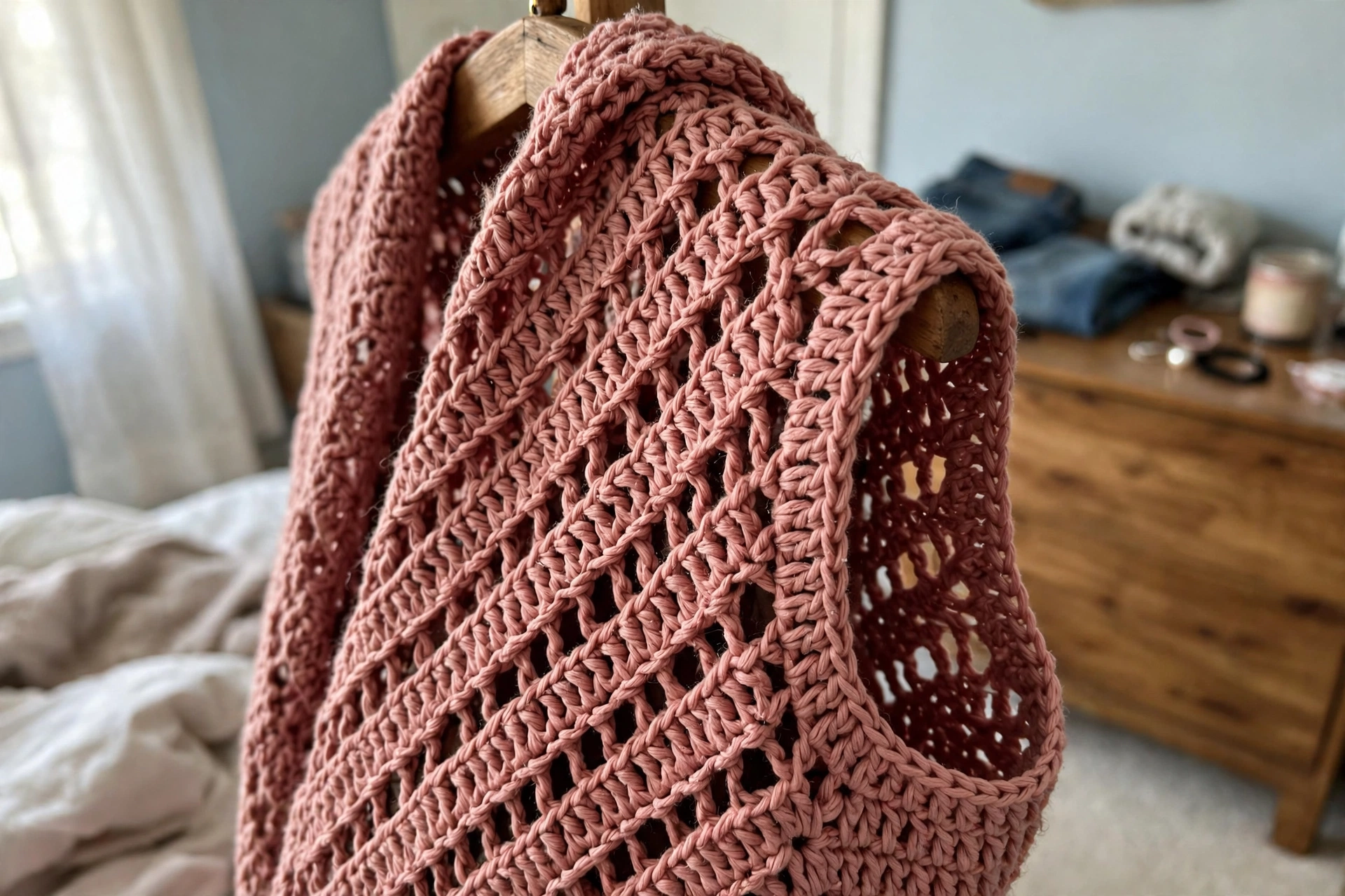 Close-up of the lacy diagonal cluster stitches on the dusty rose Tunisian vest