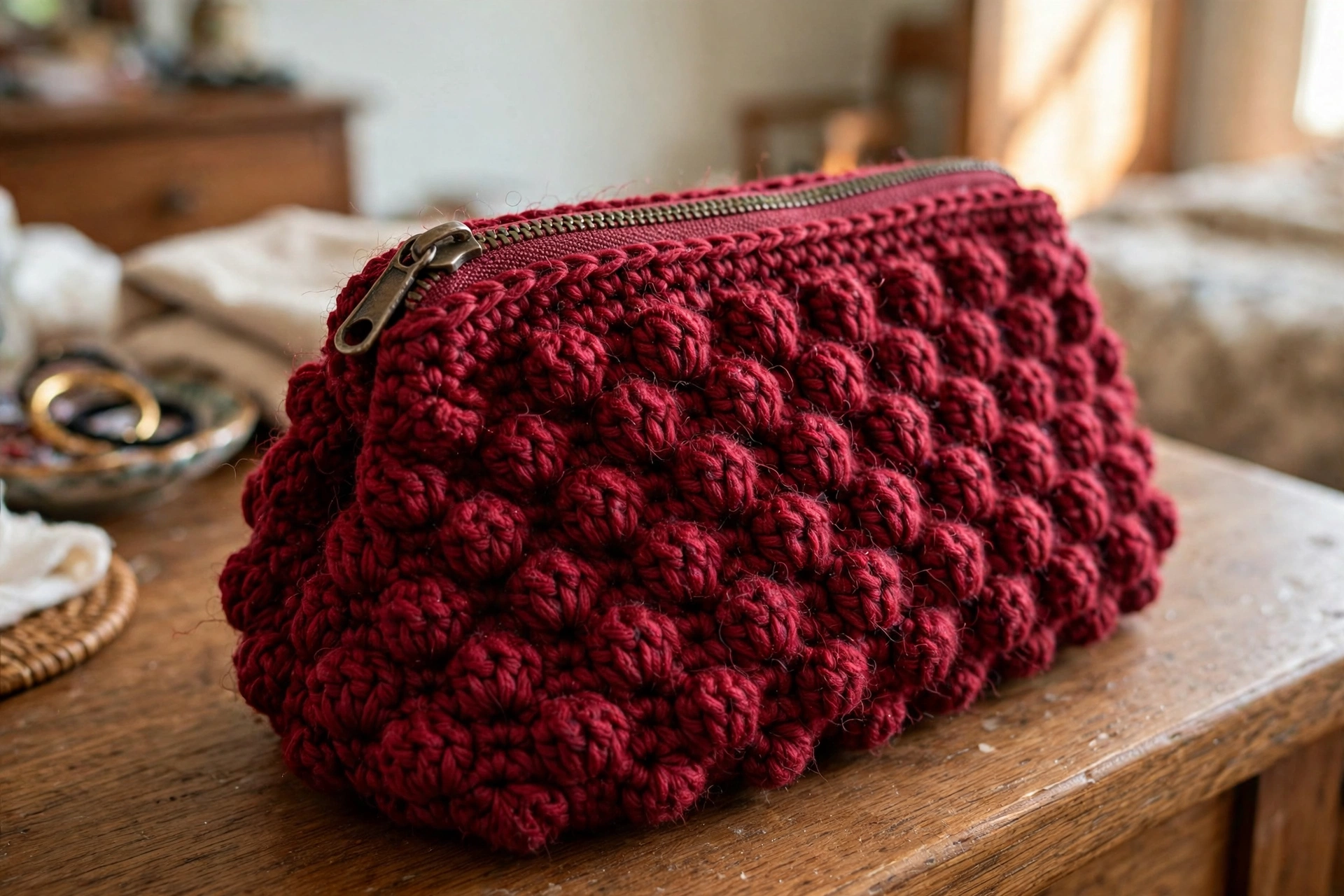 Close-up of the bobble texture and metal zipper on the crimson crochet purse
