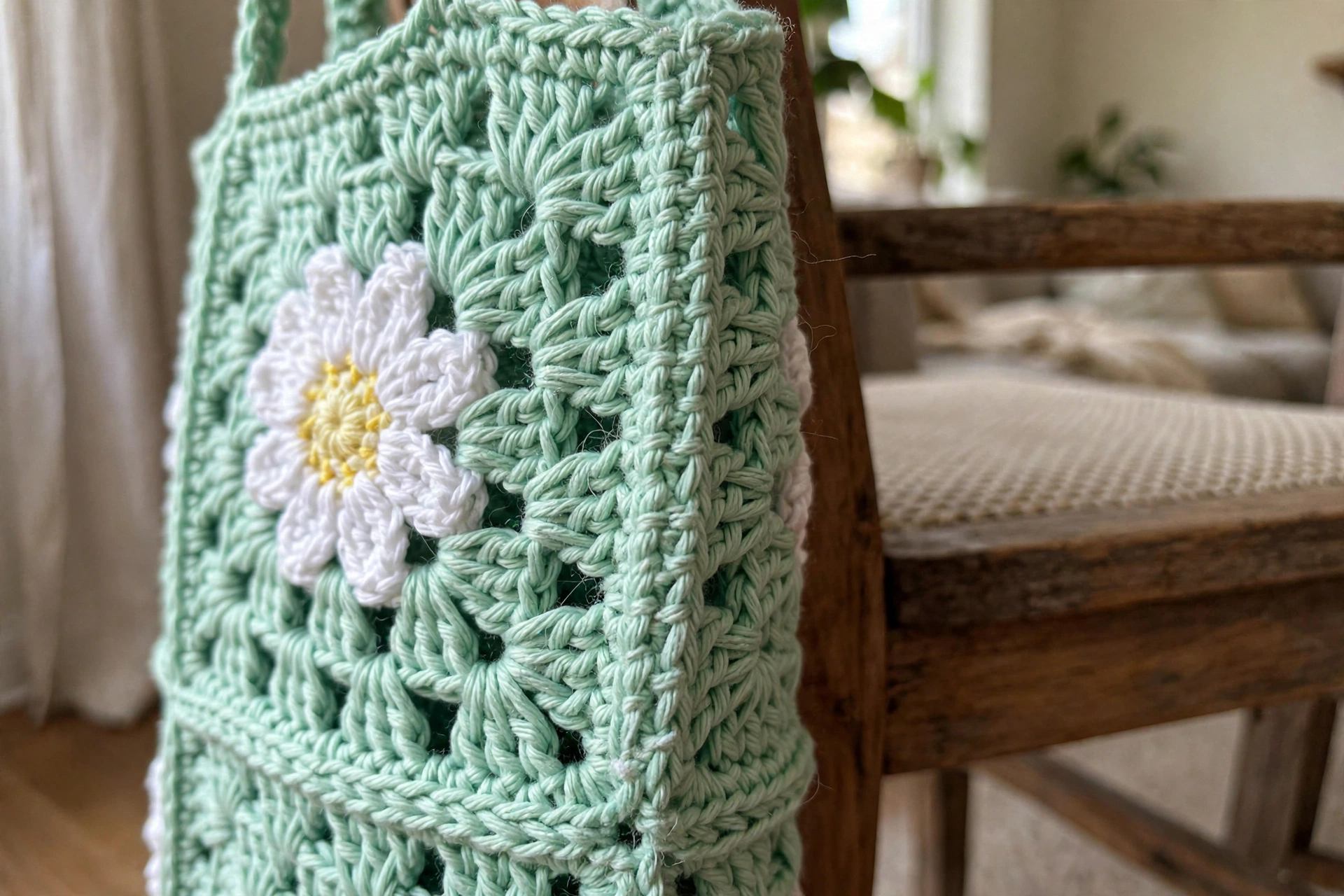 Close-up of a white daisy with pale yellow center on mint granny square seam