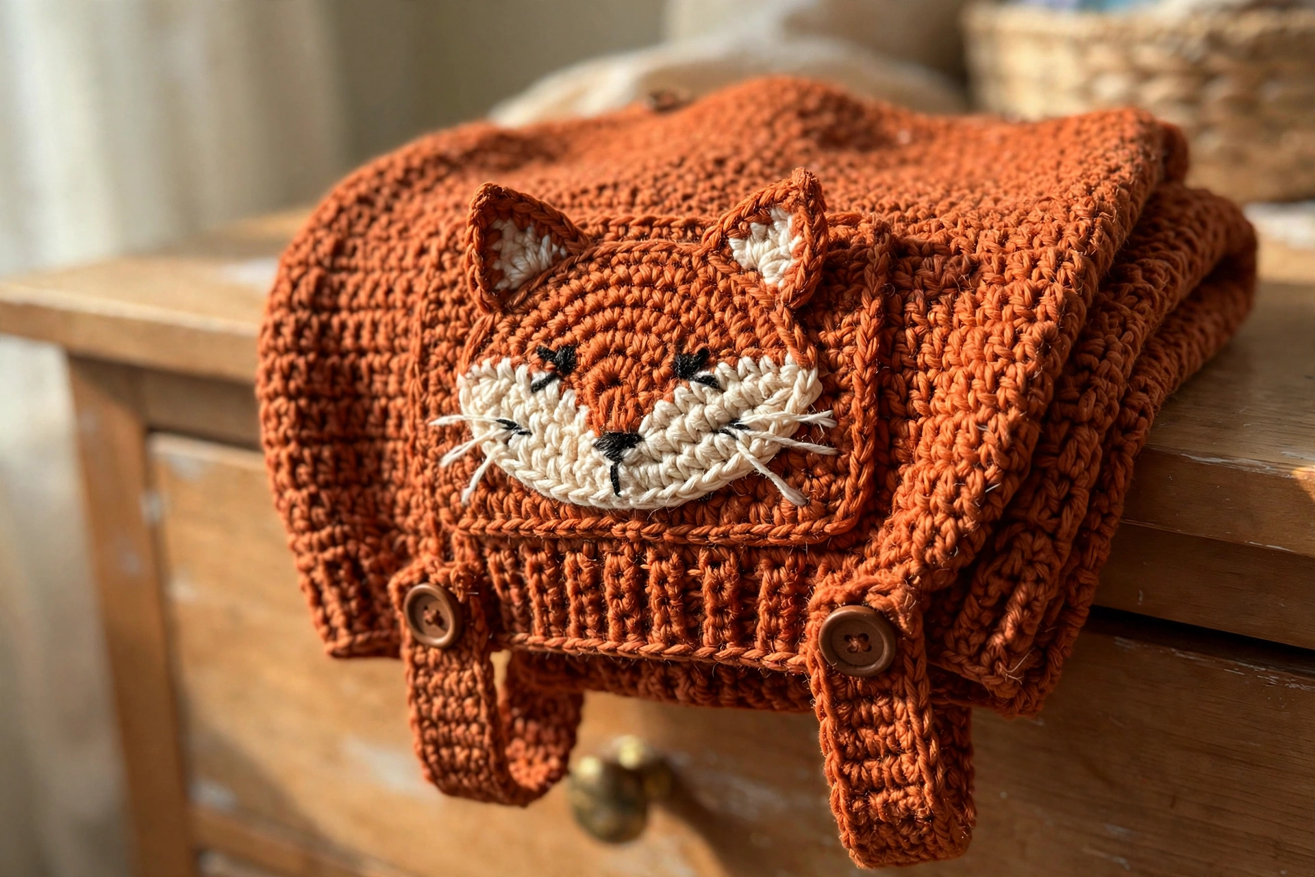 Close-up of the fox face pocket applique on rust-orange baby shortalls