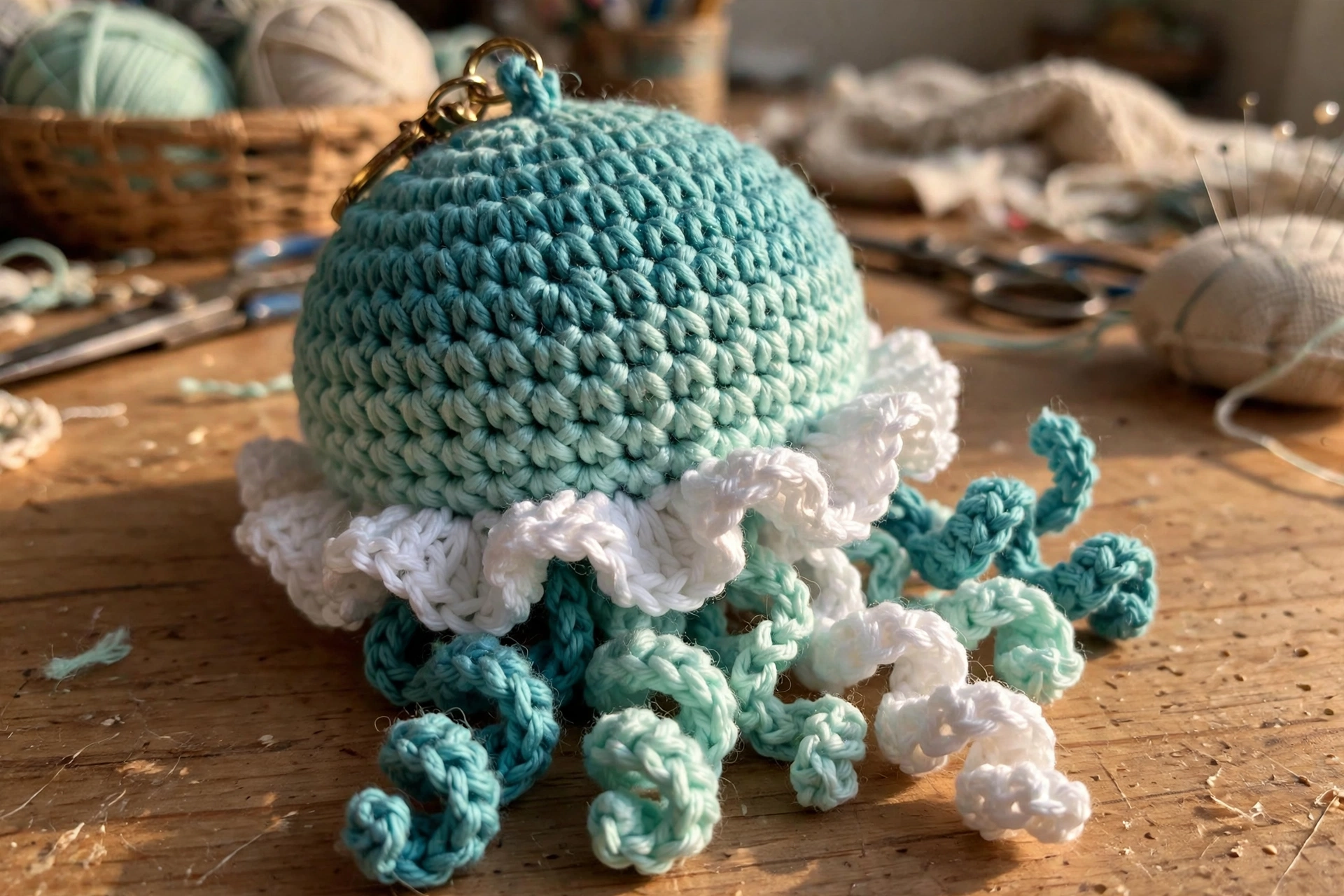 Close-up of the white frill and curly tentacles on the crochet jellyfish keychain