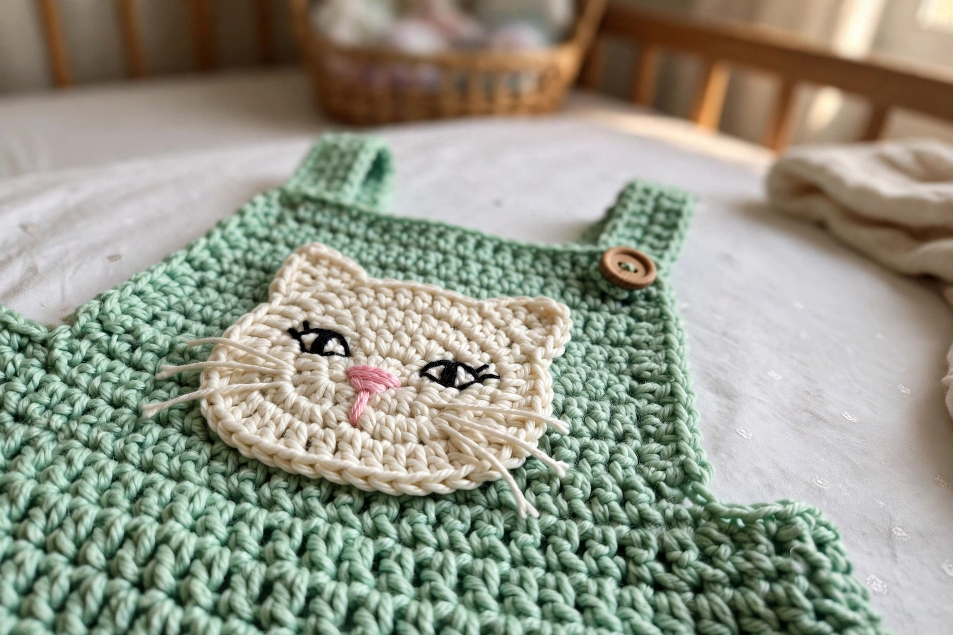 Close-up of the cream cat face applique with embroidered details on the mint green pinafore bib