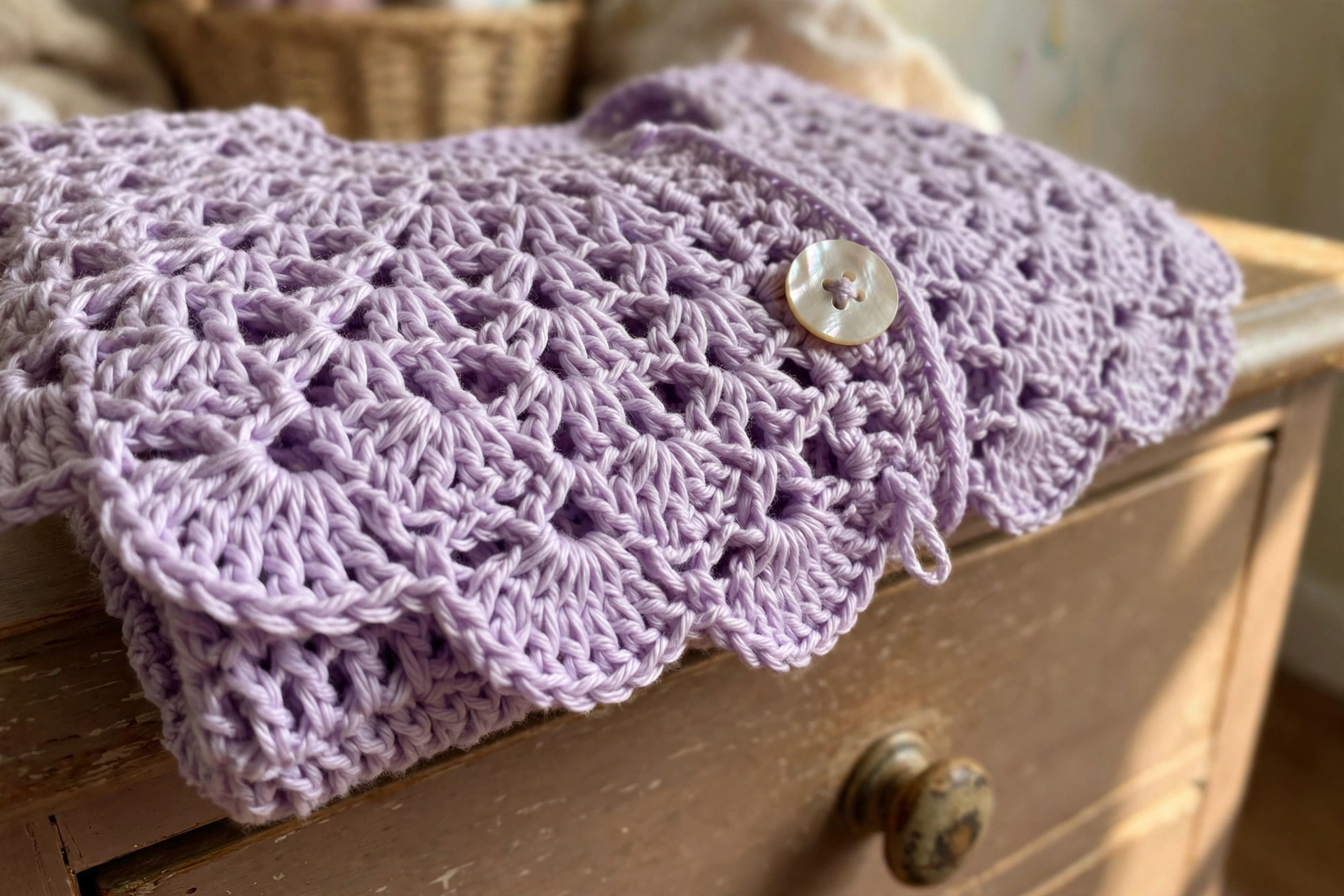 Close-up of the lace fan yoke and mother-of-pearl button on the lavender cardigan
