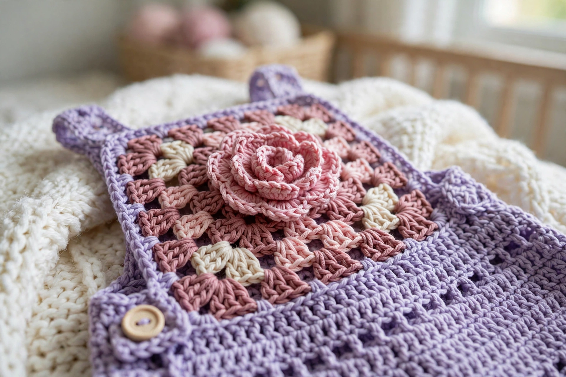 Close-up of the dimensional pink rose on the granny square bib panel
