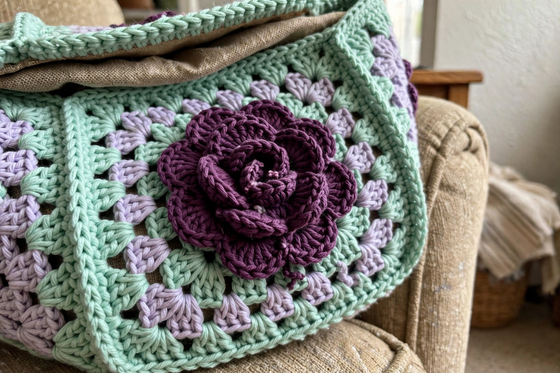 Close-up of the raised plum 3D rose on a mint and lavender granny square