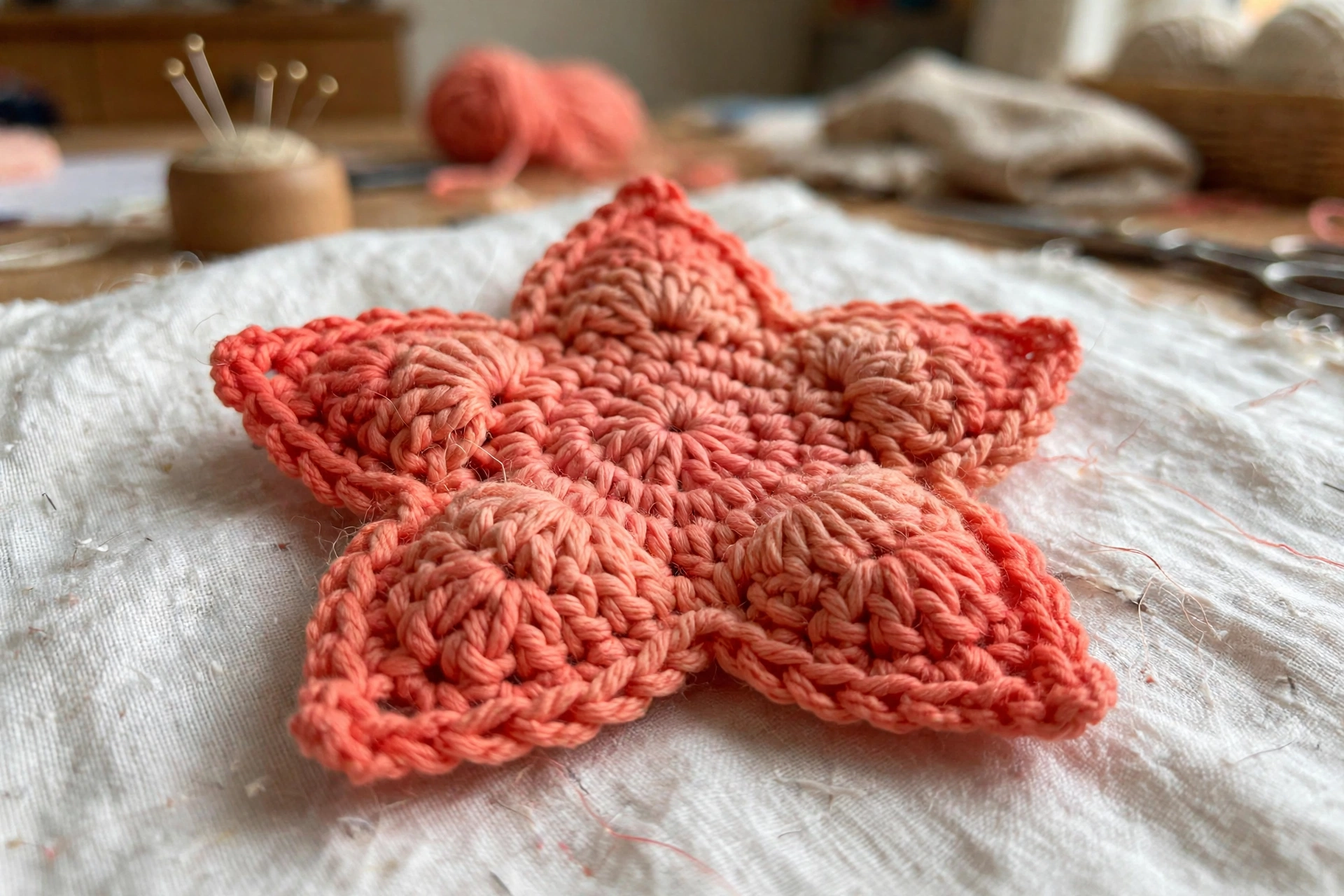 Close-up of the coral crochet star applique with plump rounded points