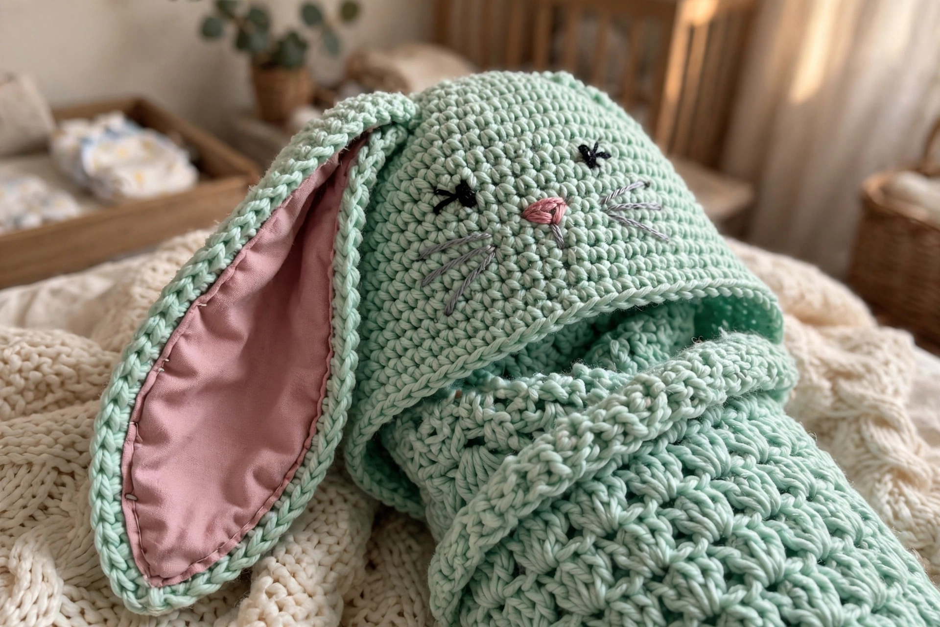 Close-up of the embroidered bunny face with pink nose and whiskers on mint green