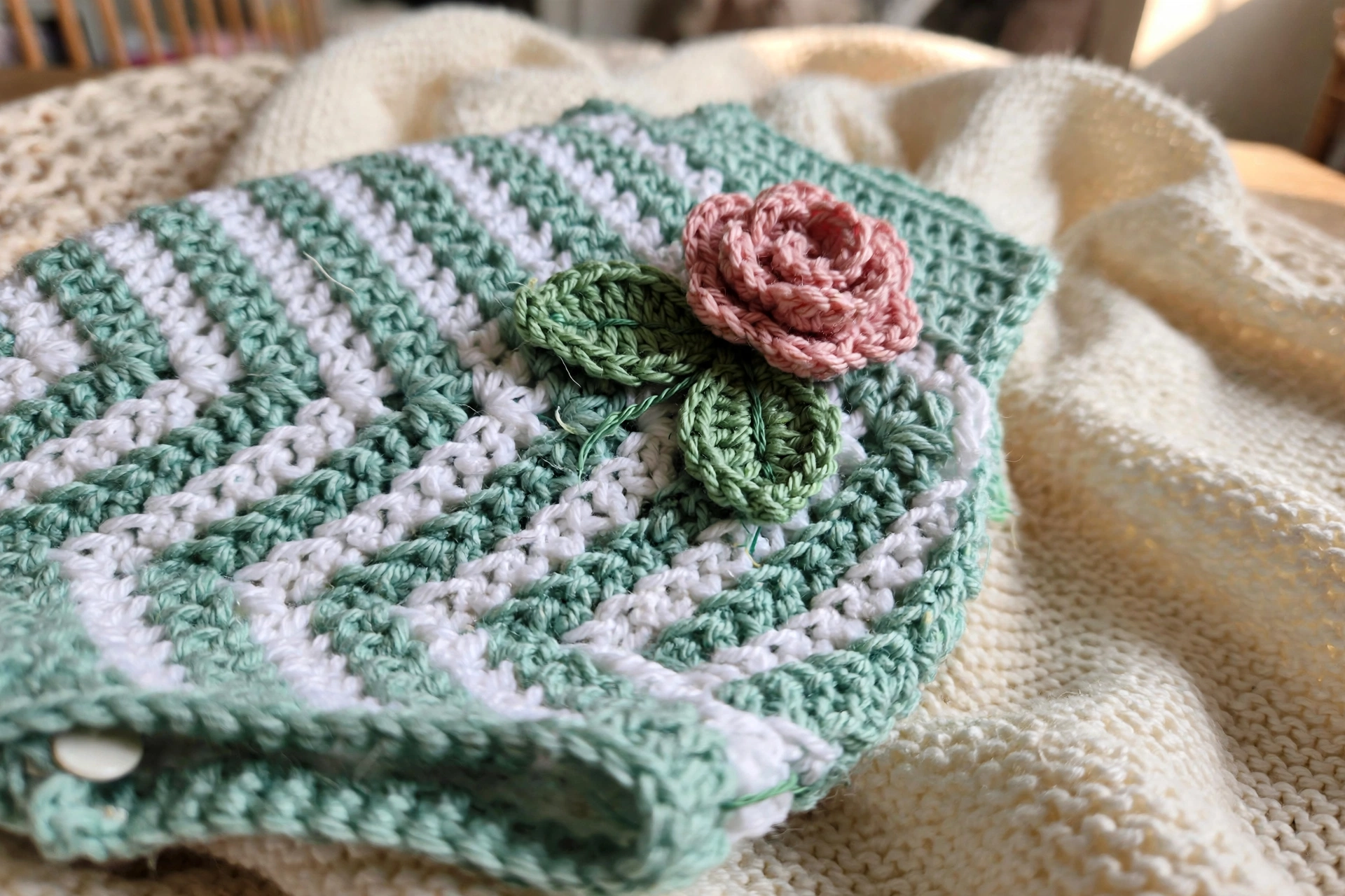 Close-up of a pink bobble rose with green leaves on the mint and white striped crochet fabric