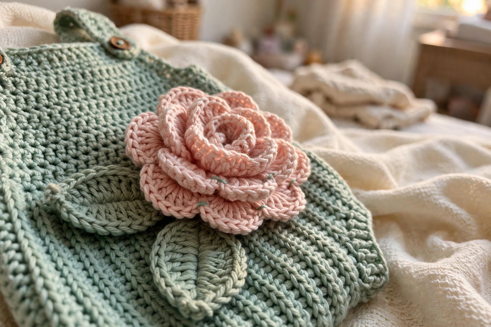 Close-up of a blush pink crocheted rose with sage leaves on the mint green romper