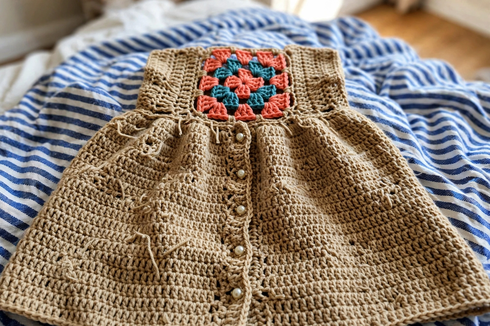 Close-up of the granny square bodice with pearl buttons on the baby dress