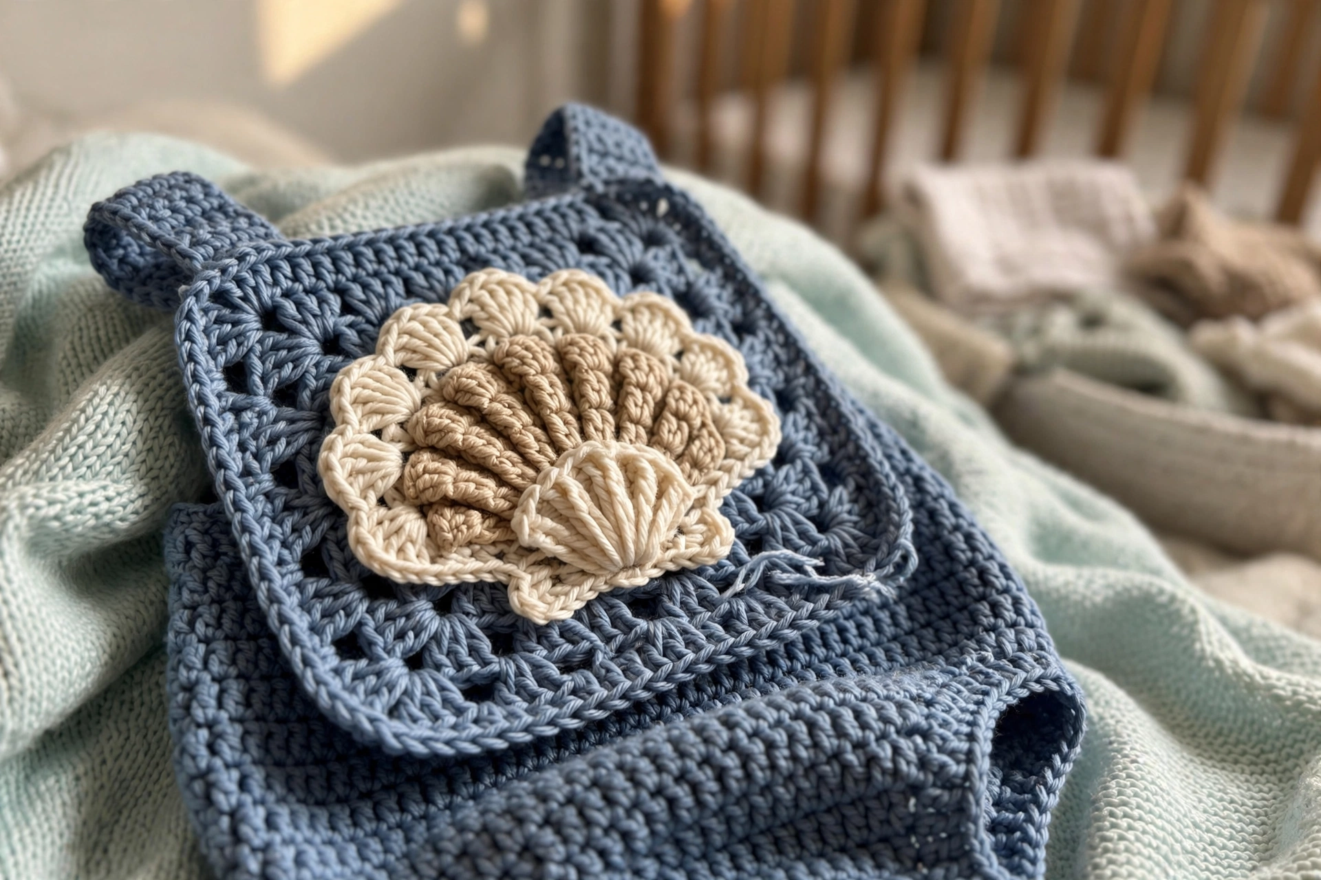 Close-up of the dimensional clamshell applique on the granny square bib of the dusty blue romper