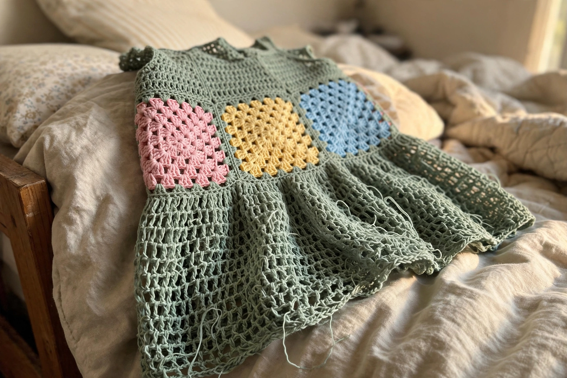 Close-up of the pastel granny square band and mesh section on the sage green dress