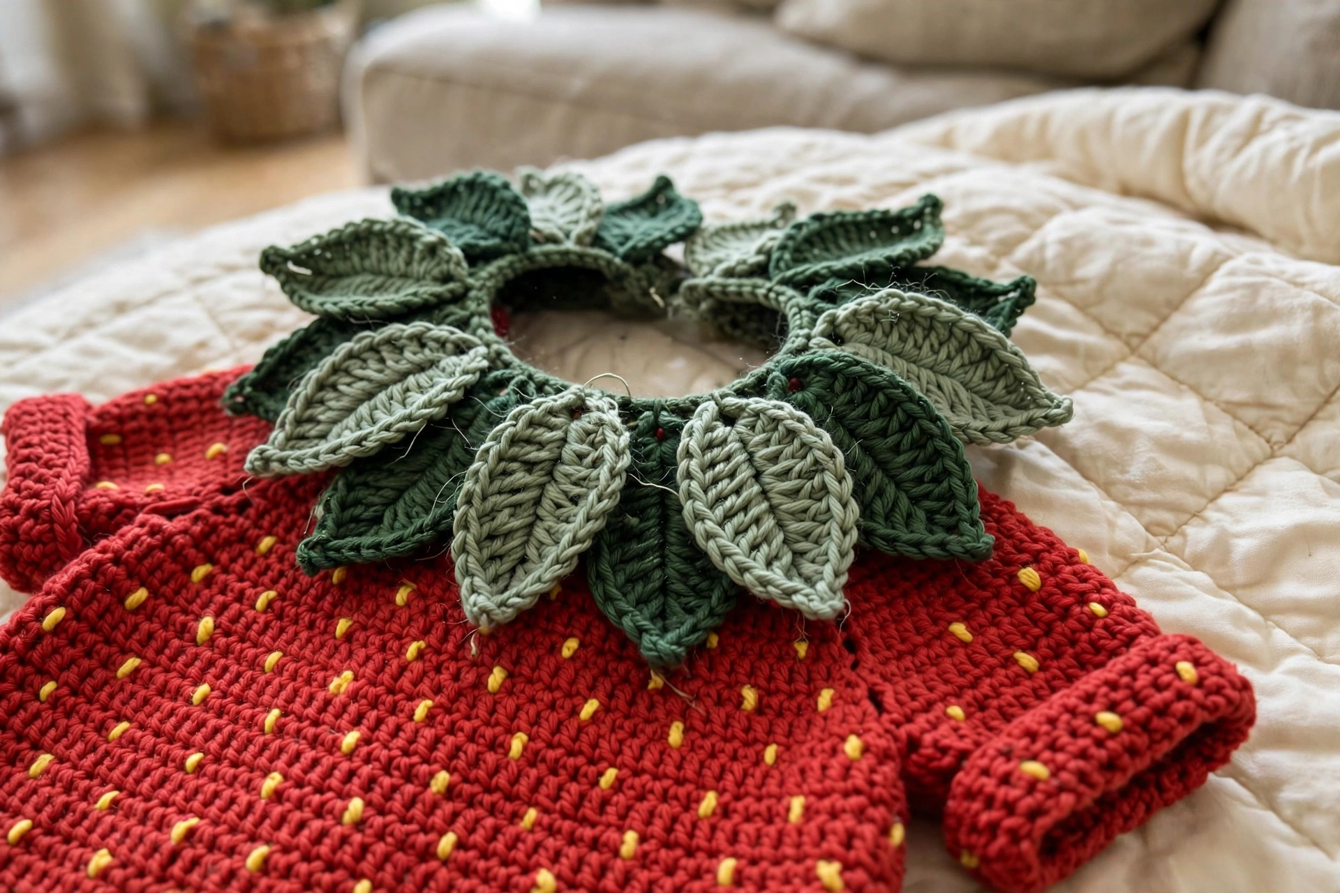 Close-up of the overlapping leaf collar on the red strawberry baby romper
