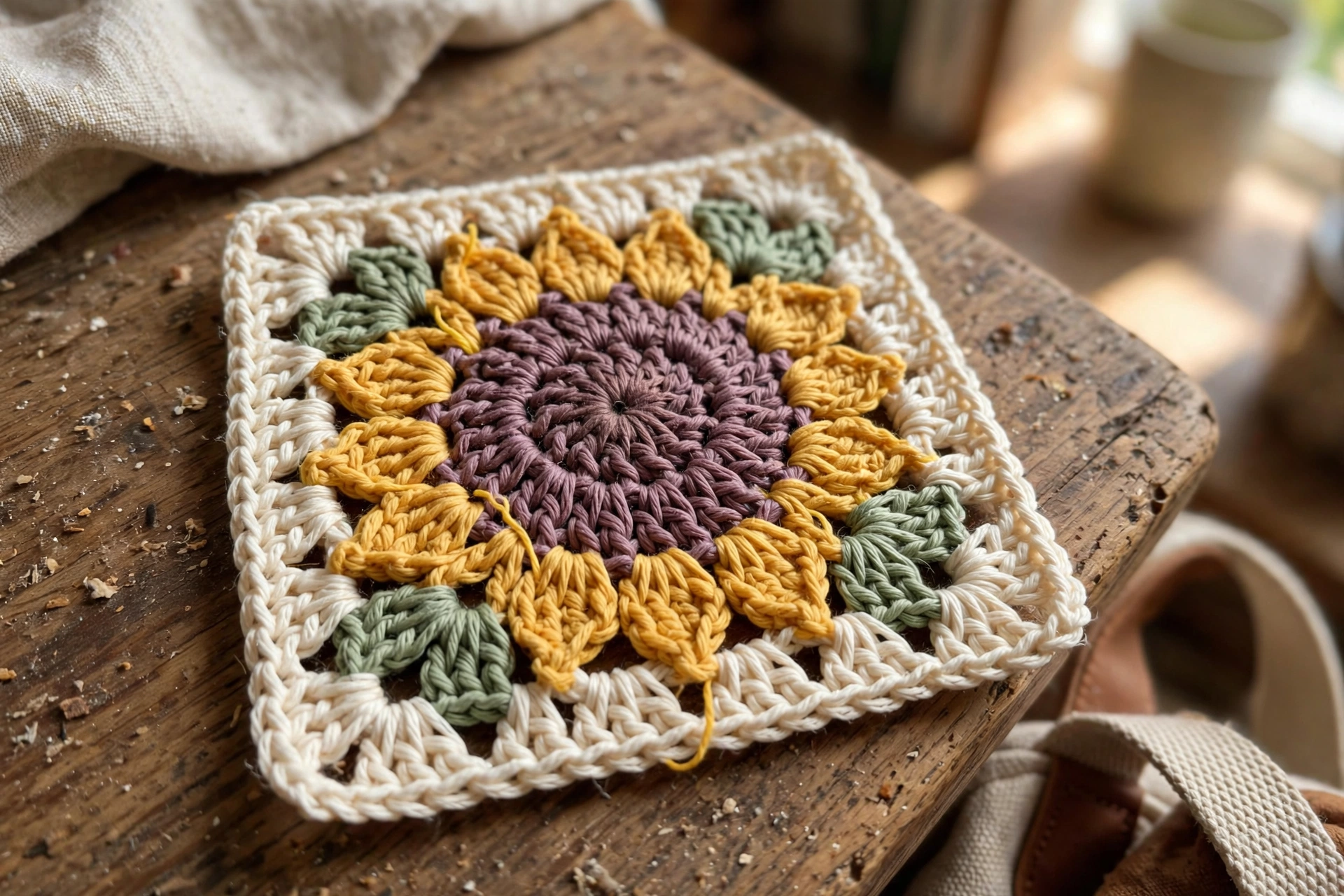 Close-up of a sunflower granny square with golden petals, mauve center, and sage accents