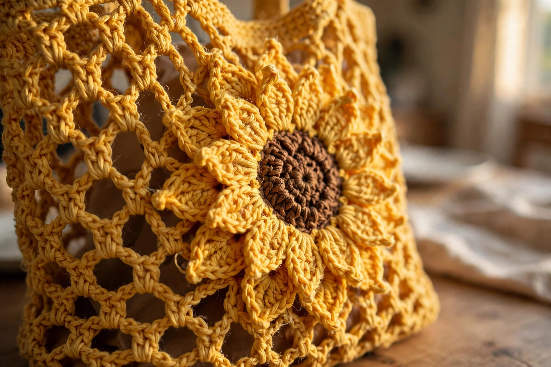 Close-up of the open mesh stitch with a dimensional sunflower applique on the golden yellow tote