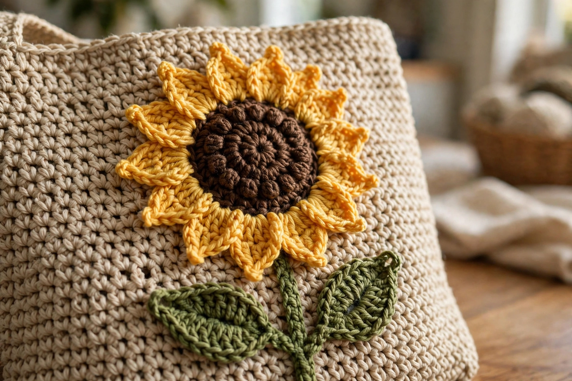 Close-up of a dimensional layered sunflower applique on the oatmeal crochet tote