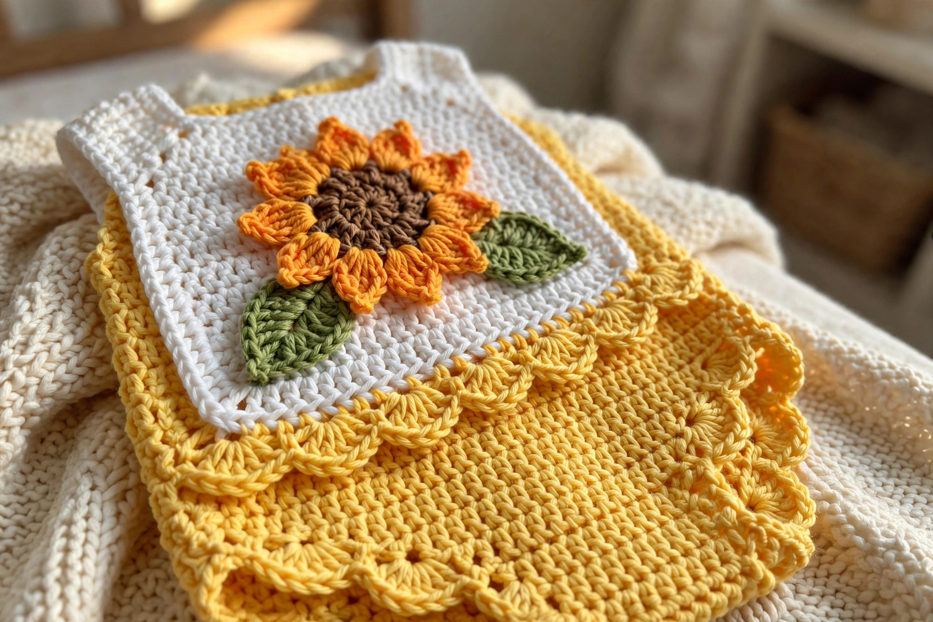 Close-up of the sunflower applique on the white bib panel of the yellow romper