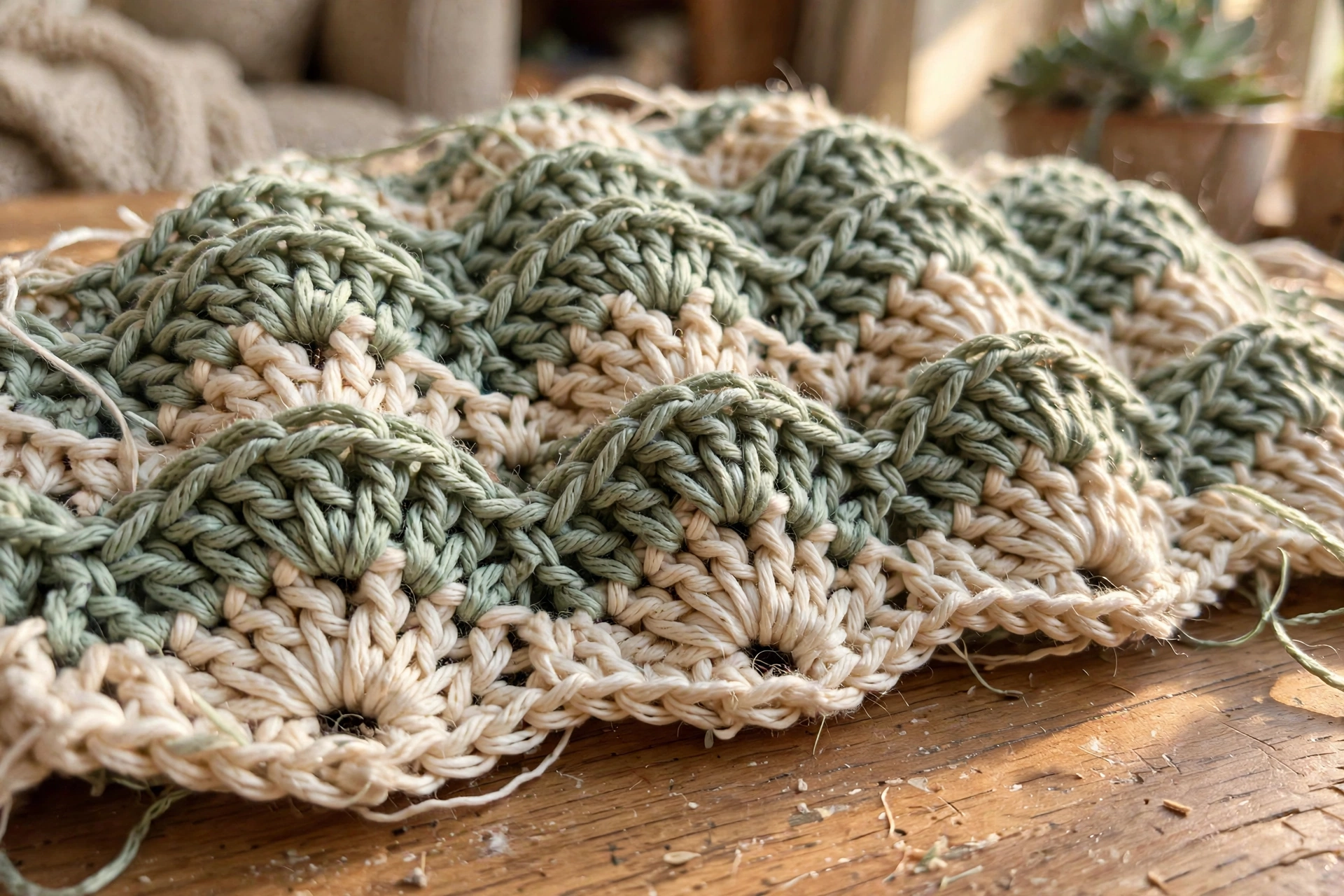 Close-up of the scalloped fan motifs in sage and cream fan ripple stitch