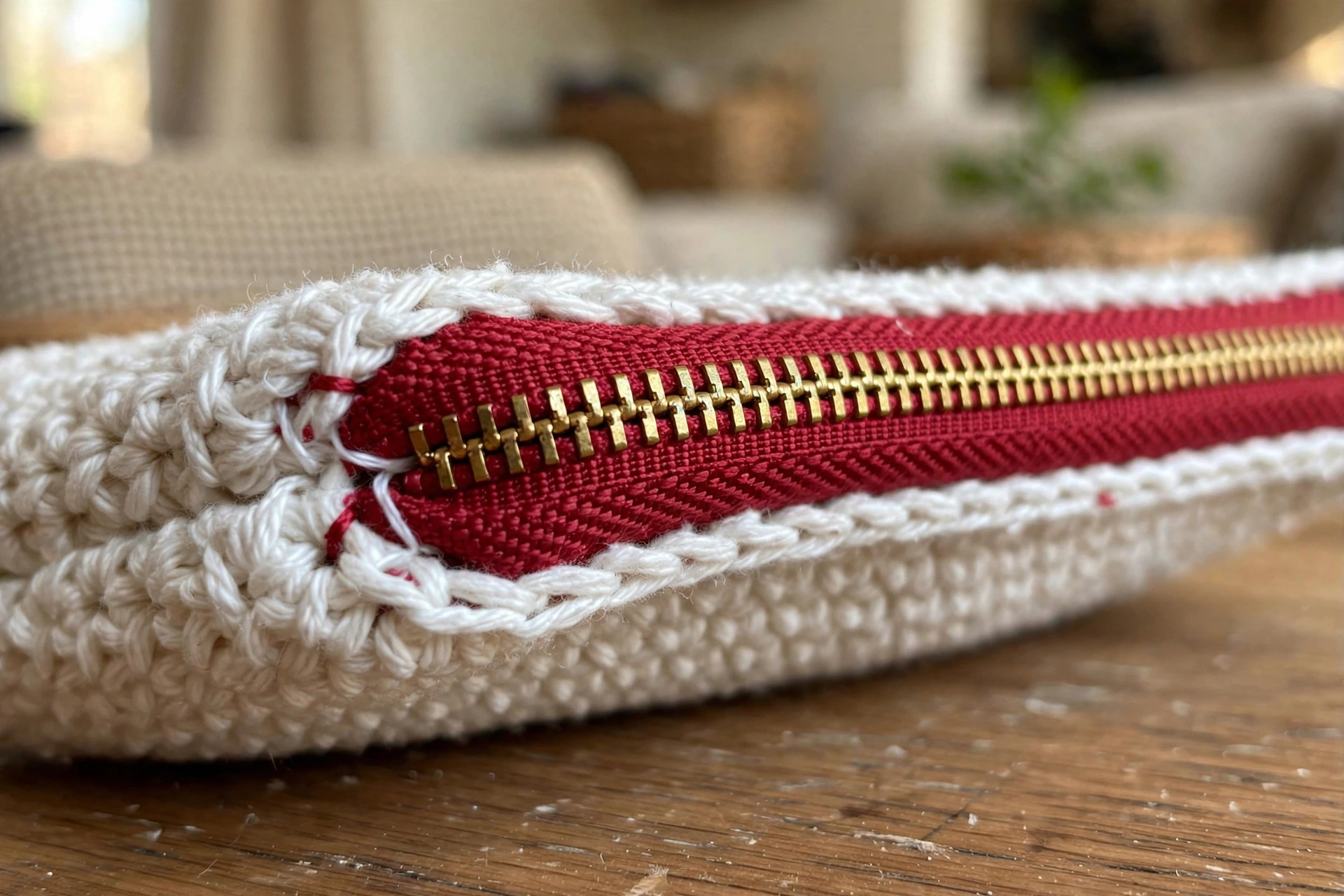 Close-up of the crimson zipper with gold teeth attached to the white crochet coin purse