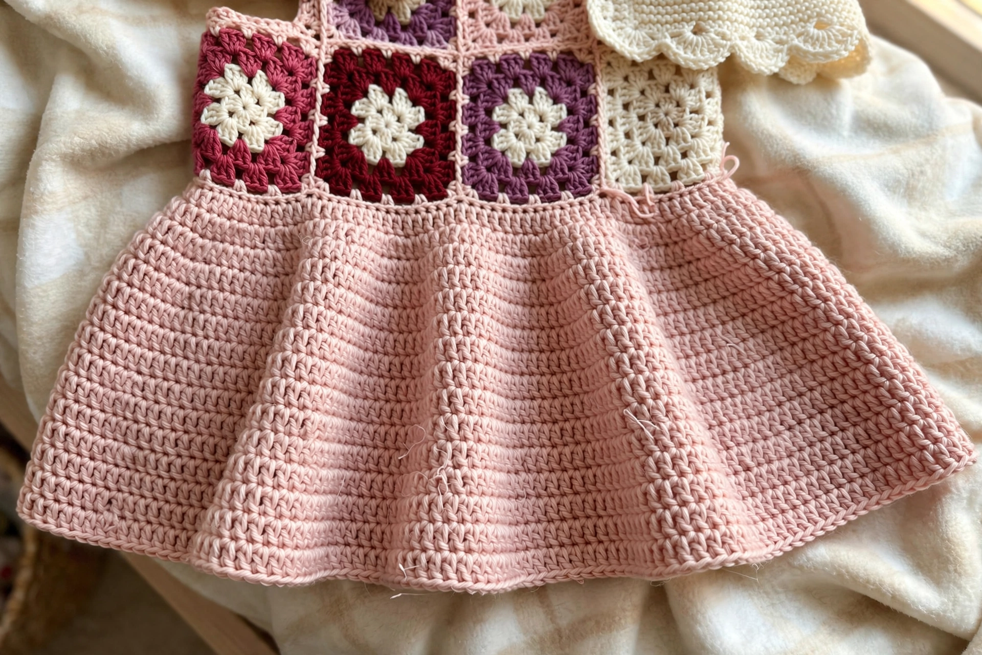 Close-up of the granny square bodice band and flared skirt on the berry blossom toddler dress