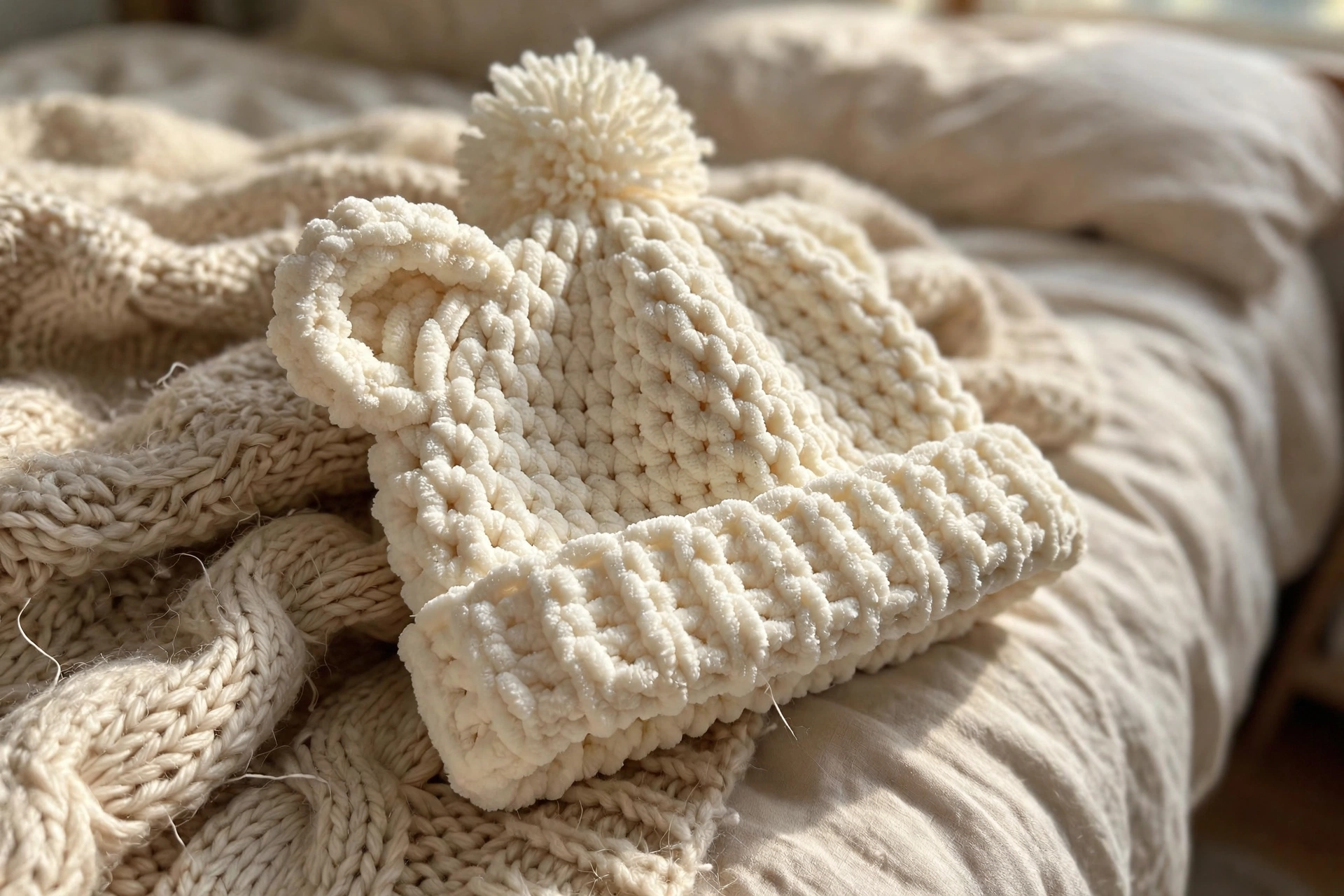Close-up of the waffle stitch texture on the cream Christmas bear ear baby hat