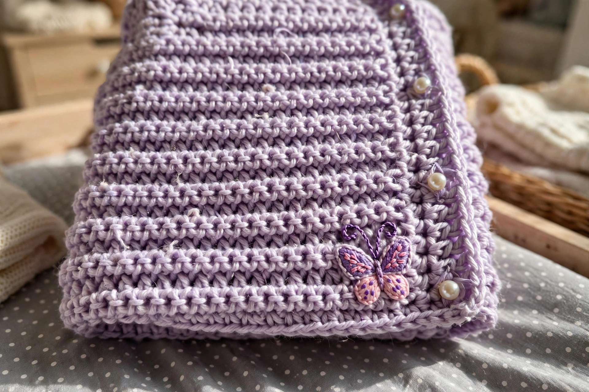 Close-up of the ridge texture, pearl buttons, and butterfly applique on the lavender baby cardigan