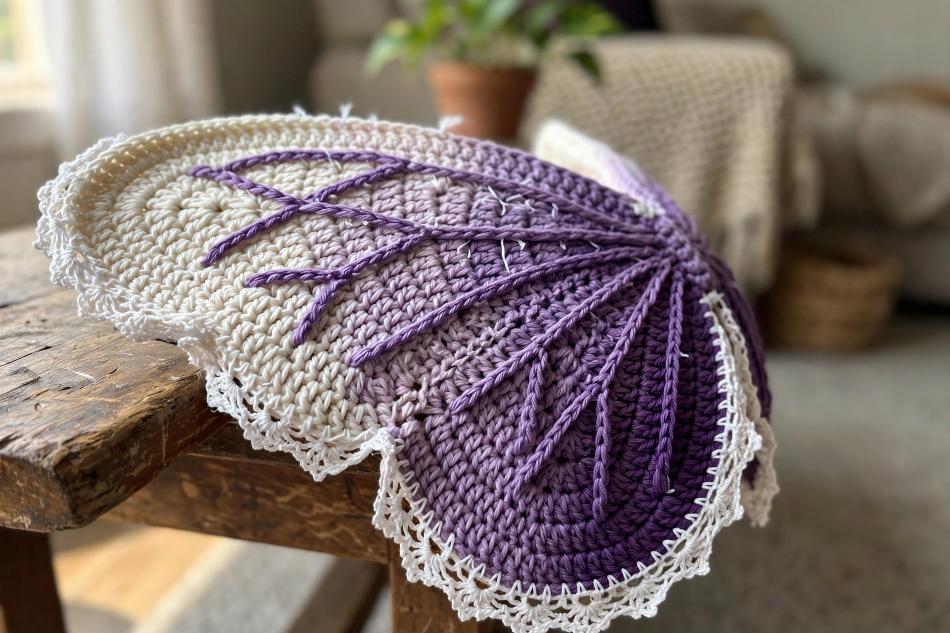 Close-up of the ombre wing, lace trim, and surface vein stitches on the lavender butterfly purse