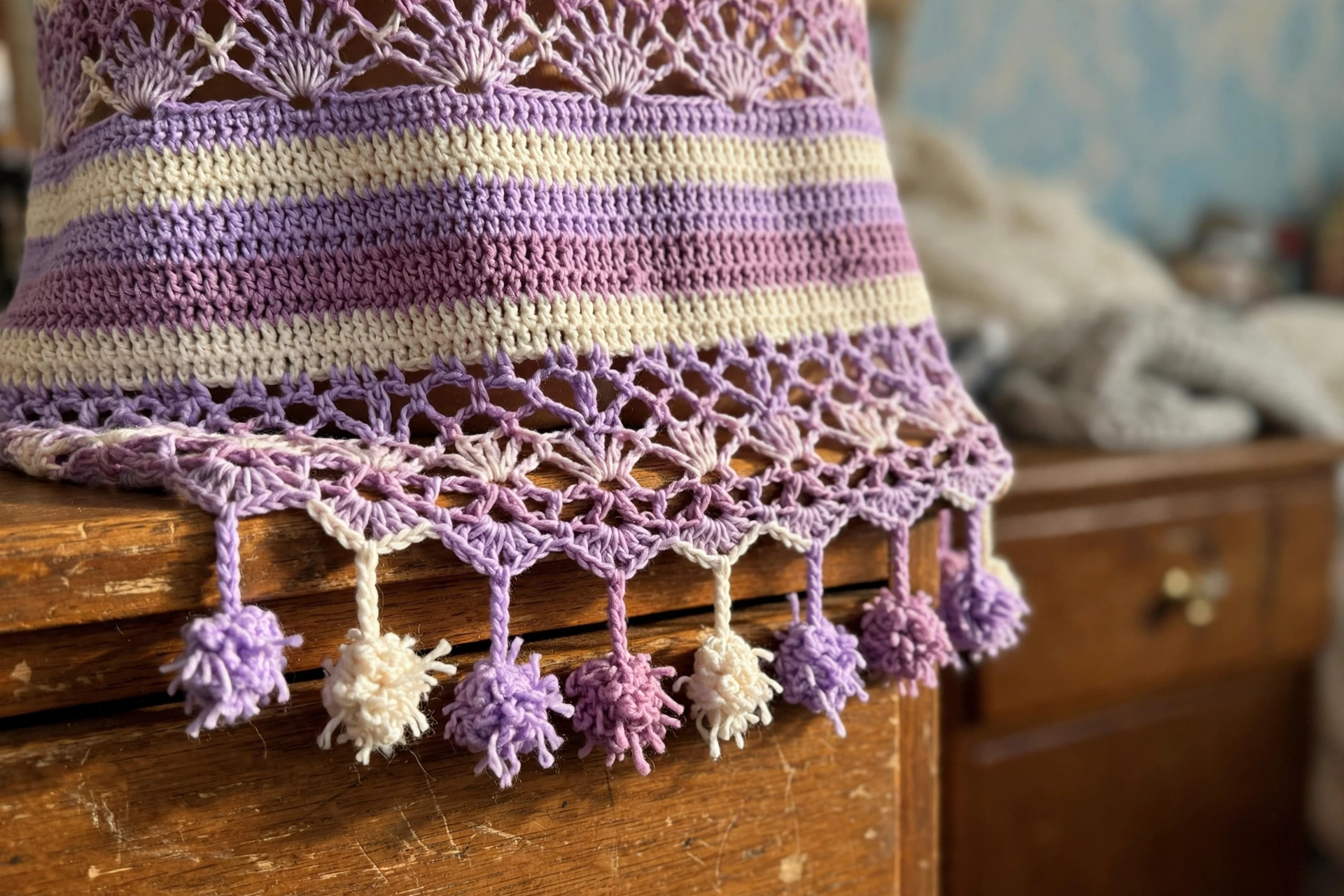 Close-up of the striped texture, scalloped hem, and pompom fringe on the lavender dream crochet top