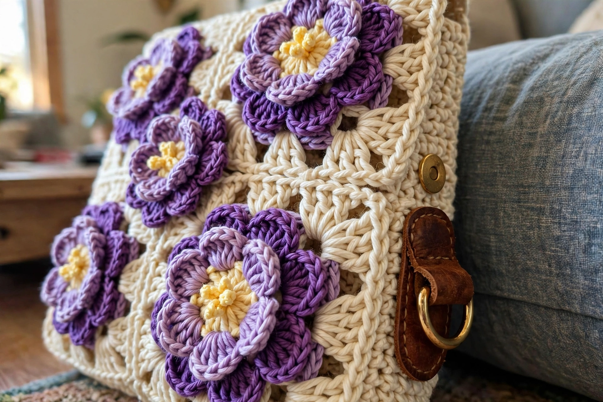 Close-up of the dimensional lavender and purple flowers, gold snap, and leather tab on the granny square purse
