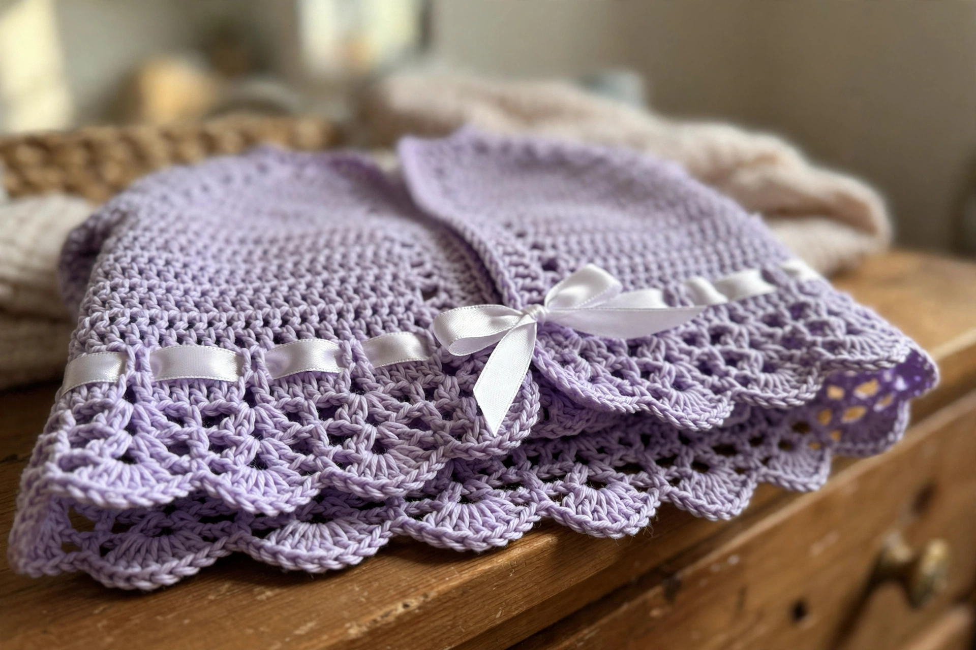 Close-up of the shell lace texture, eyelet ribbon row, and scalloped hem on the lavender baby cardigan