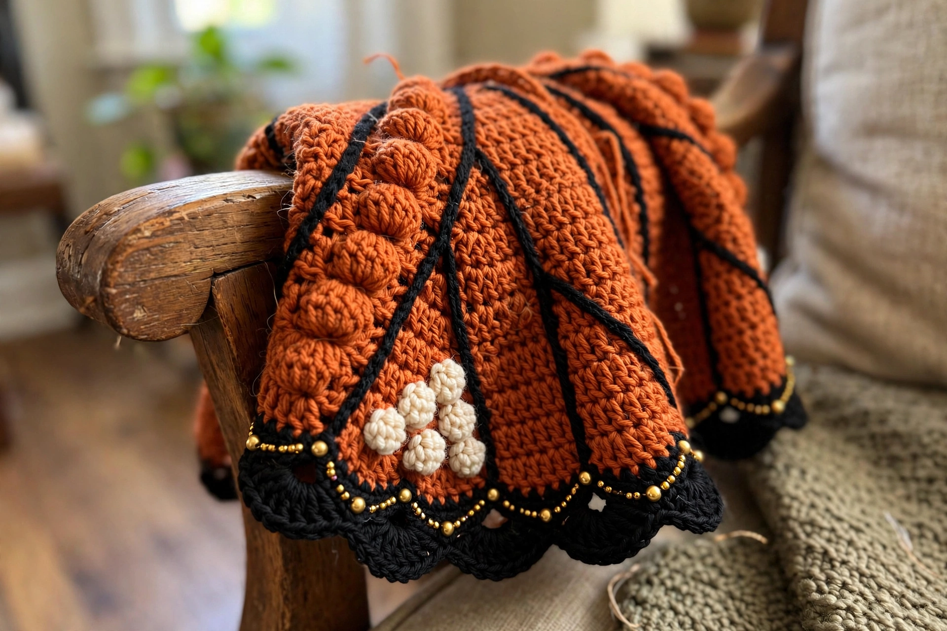 Close-up of the wing texture, cream spot cluster, and gold bead scallop border on the monarch butterfly cardigan