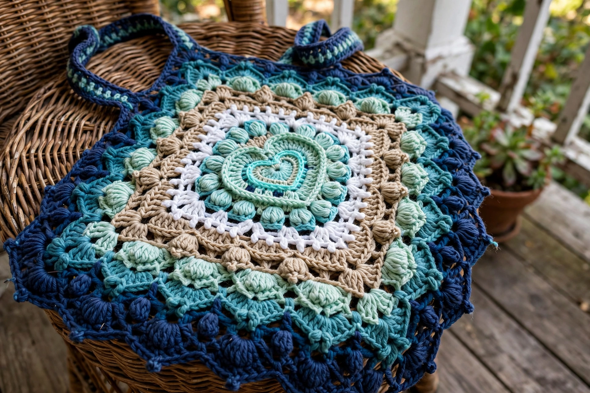 Close-up of the mandala texture with heart motif center on the ocean breeze halter top