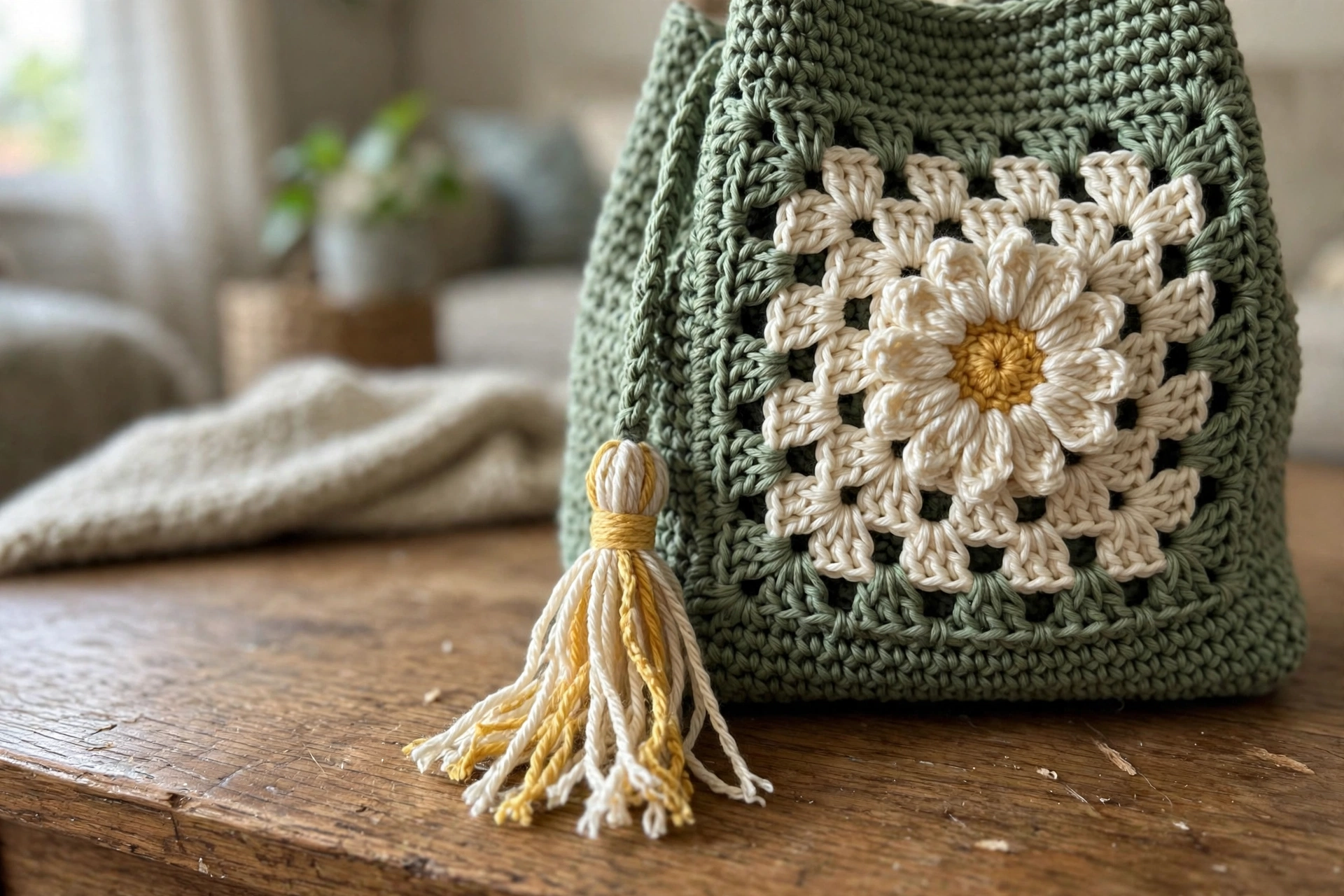 Close-up of the daisy granny square, 3D daisy applique, and tassel on the sage green floral bucket bag