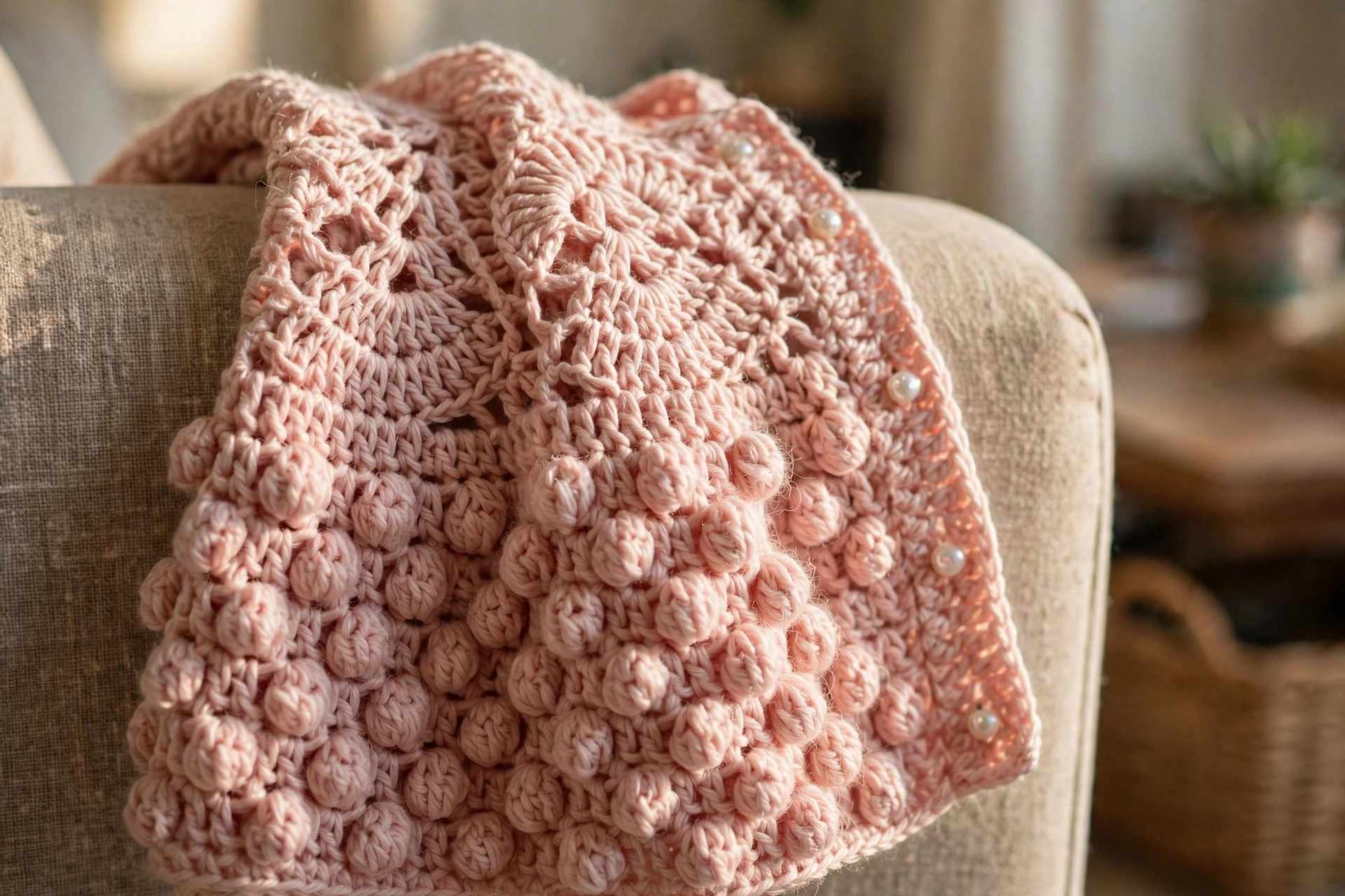 Close-up of bobble texture and lace yoke with pearl buttons on the blush cardigan