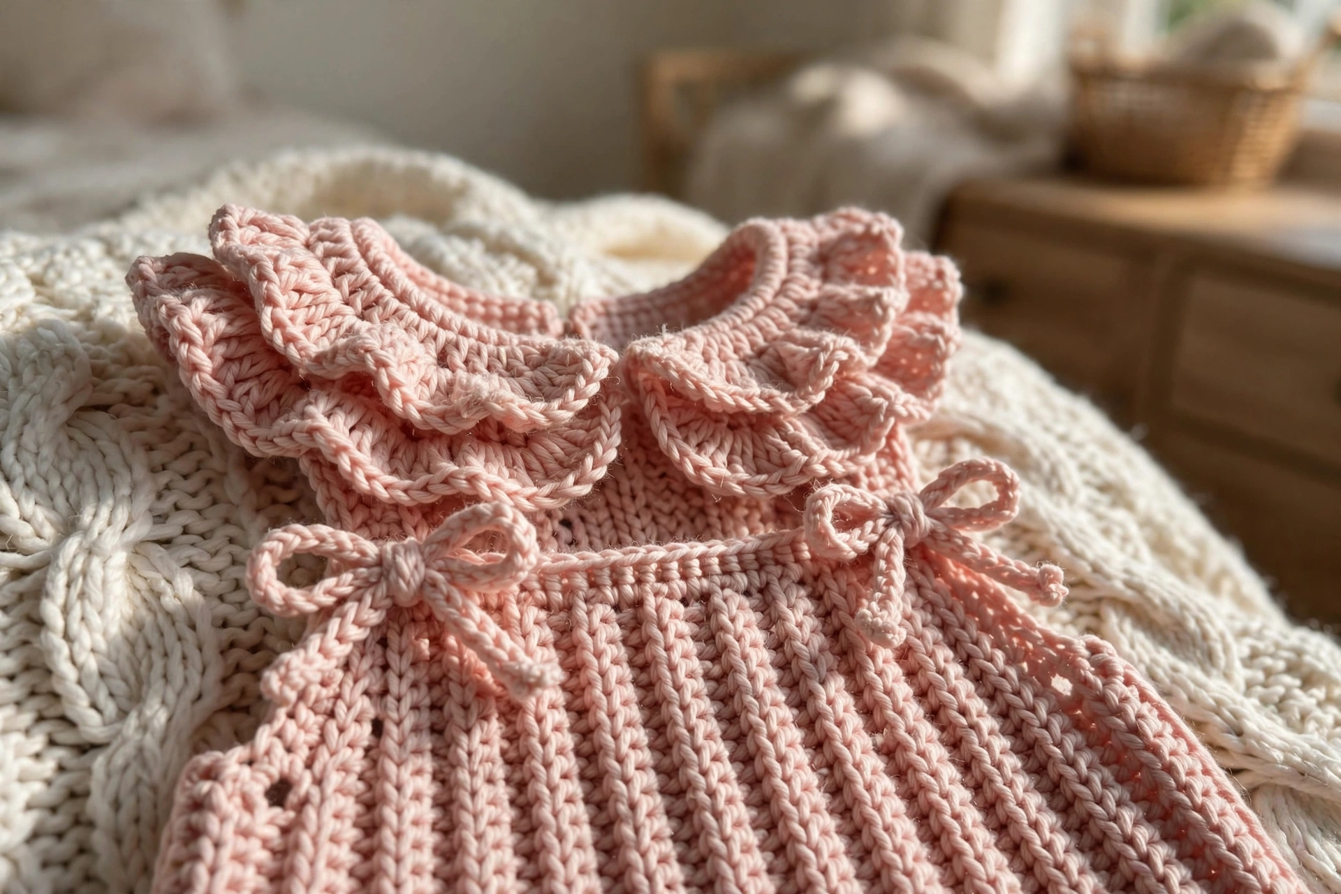 Close-up of double ruffle collar and bow tie straps on the blush romper