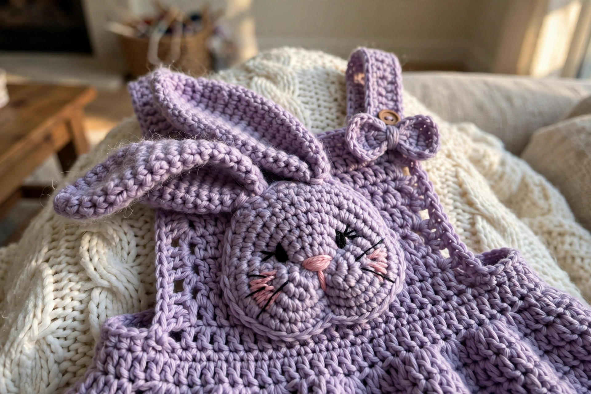 Close-up of 3D bunny face with ears and bow on the lavender pinafore bodice