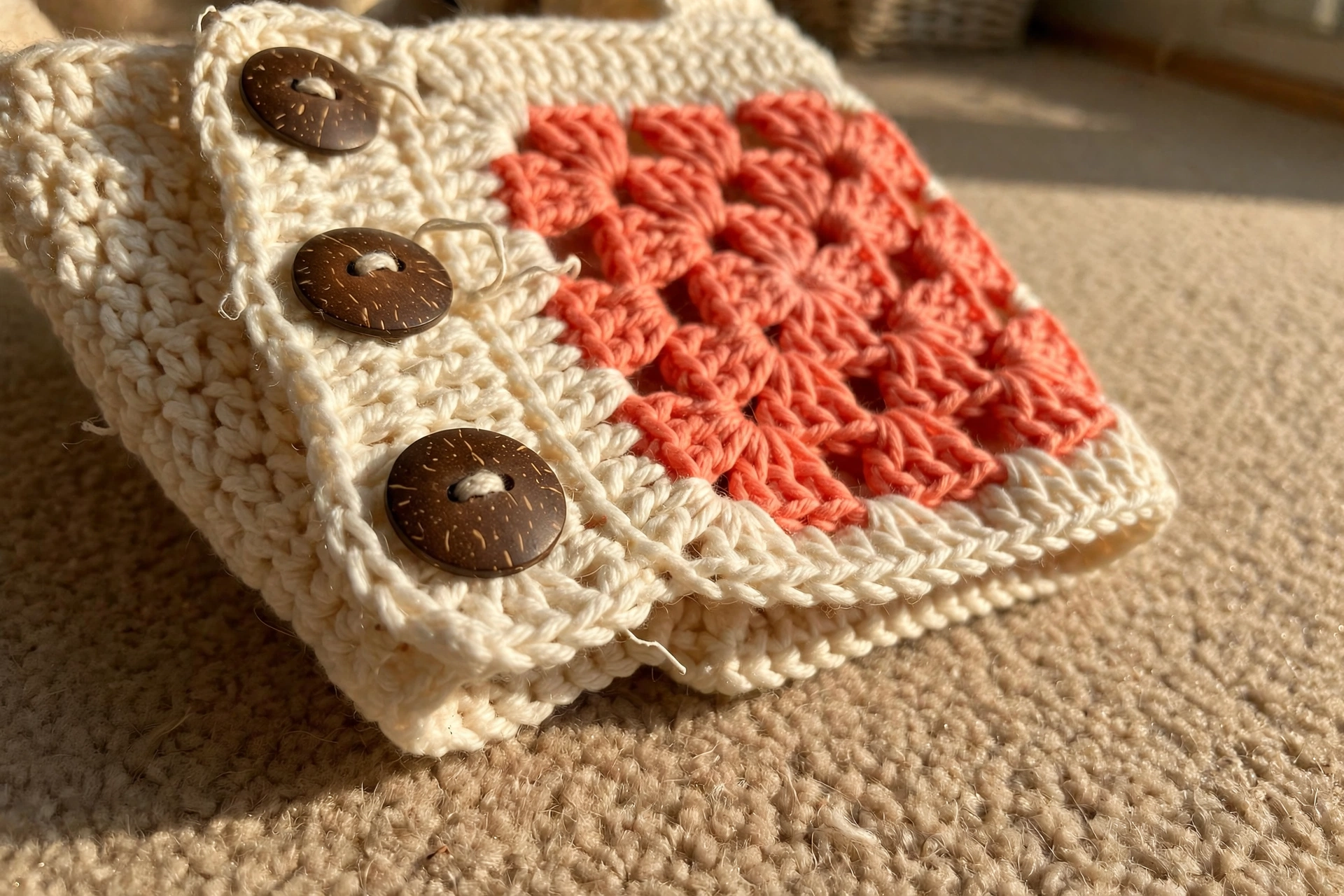 Close-up of coconut shell buttons and coral flower granny square on the baby romper