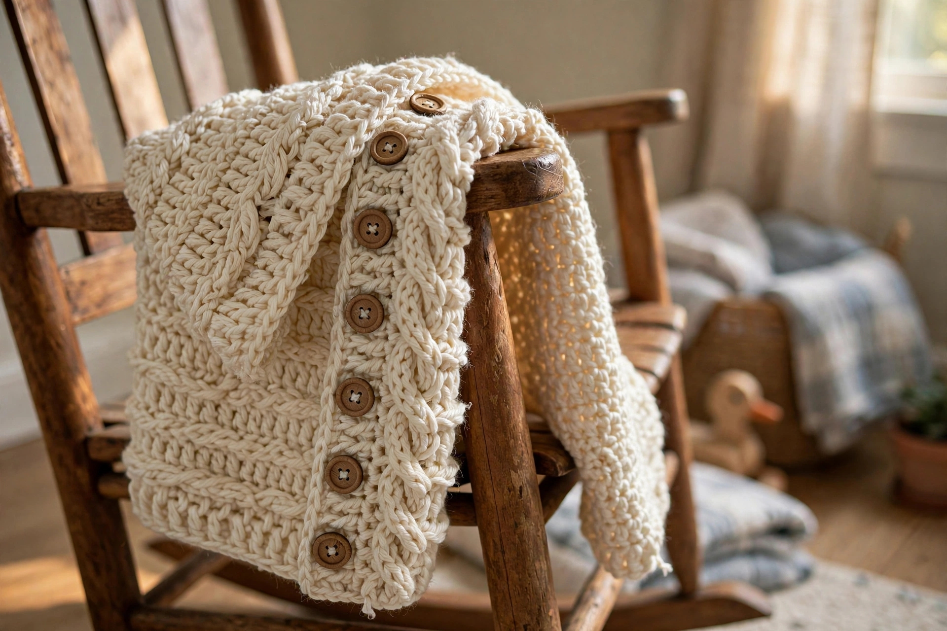 Close-up of rope cable texture and wooden buttons on the cream baby hoodie
