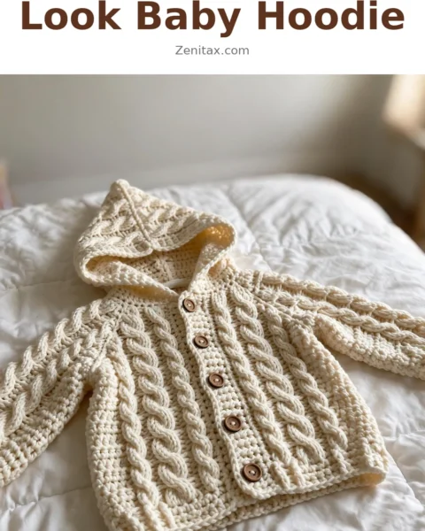 Cream Cable Knit Look Baby Hoodie Free Crochet Pattern