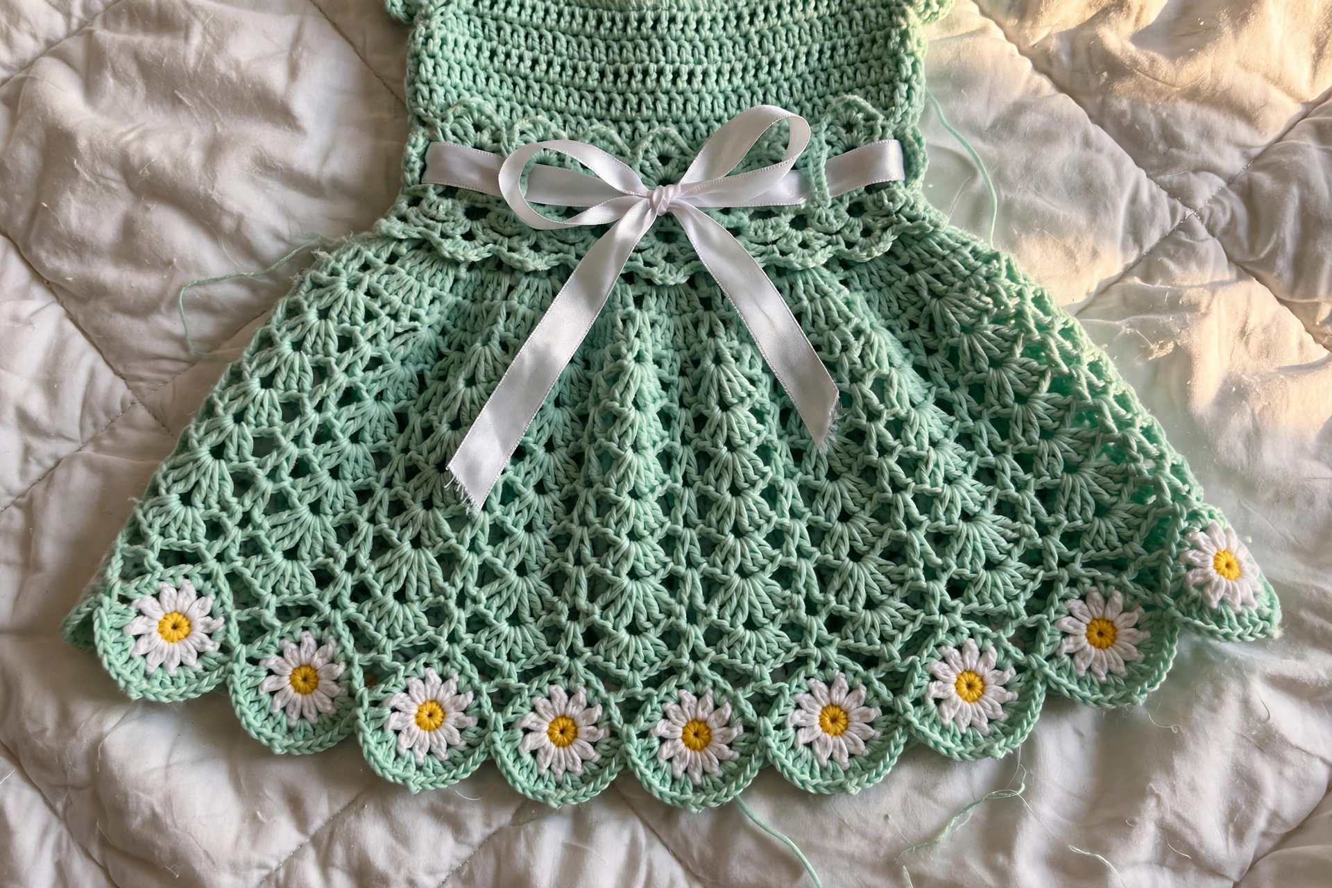 Close-up of ribbon bow, fan lace skirt, and daisy hem squares on the mint dress