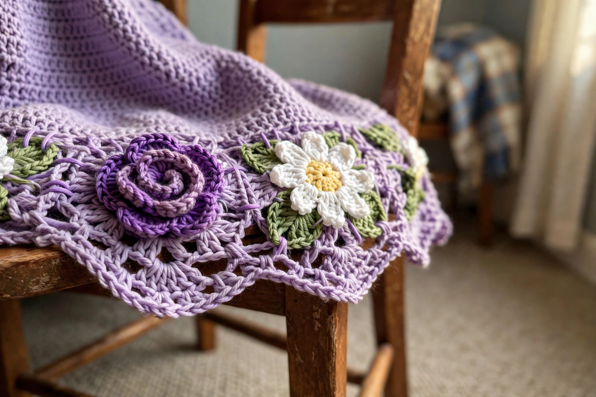 Close-up of 3D purple rose and white daisy appliques on the lavender crochet dress hem