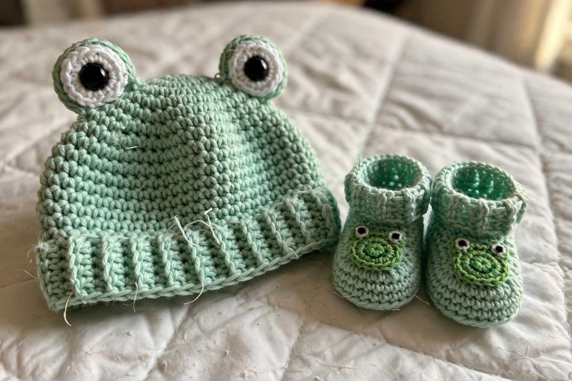 Close-up of frog beanie with eye toppers and frog-face booties